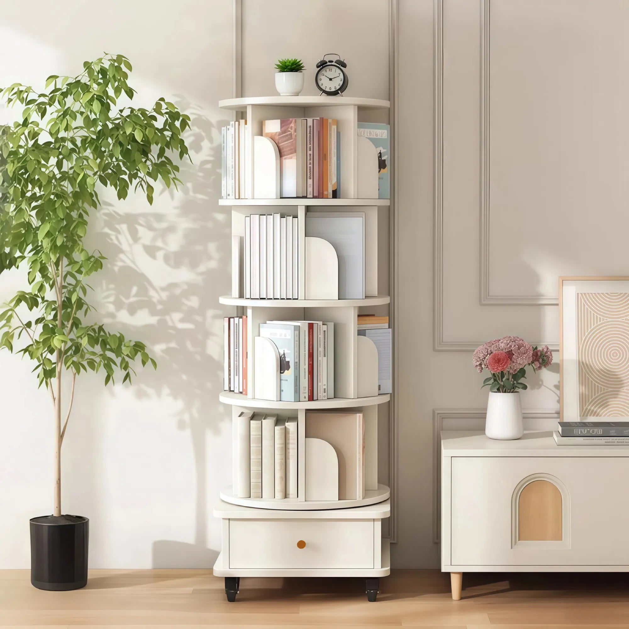 360° Rotating Bookshelf Tower with Drawer & Wheels