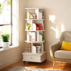 360° Rotating Bookshelf Tower with Drawer & Wheels