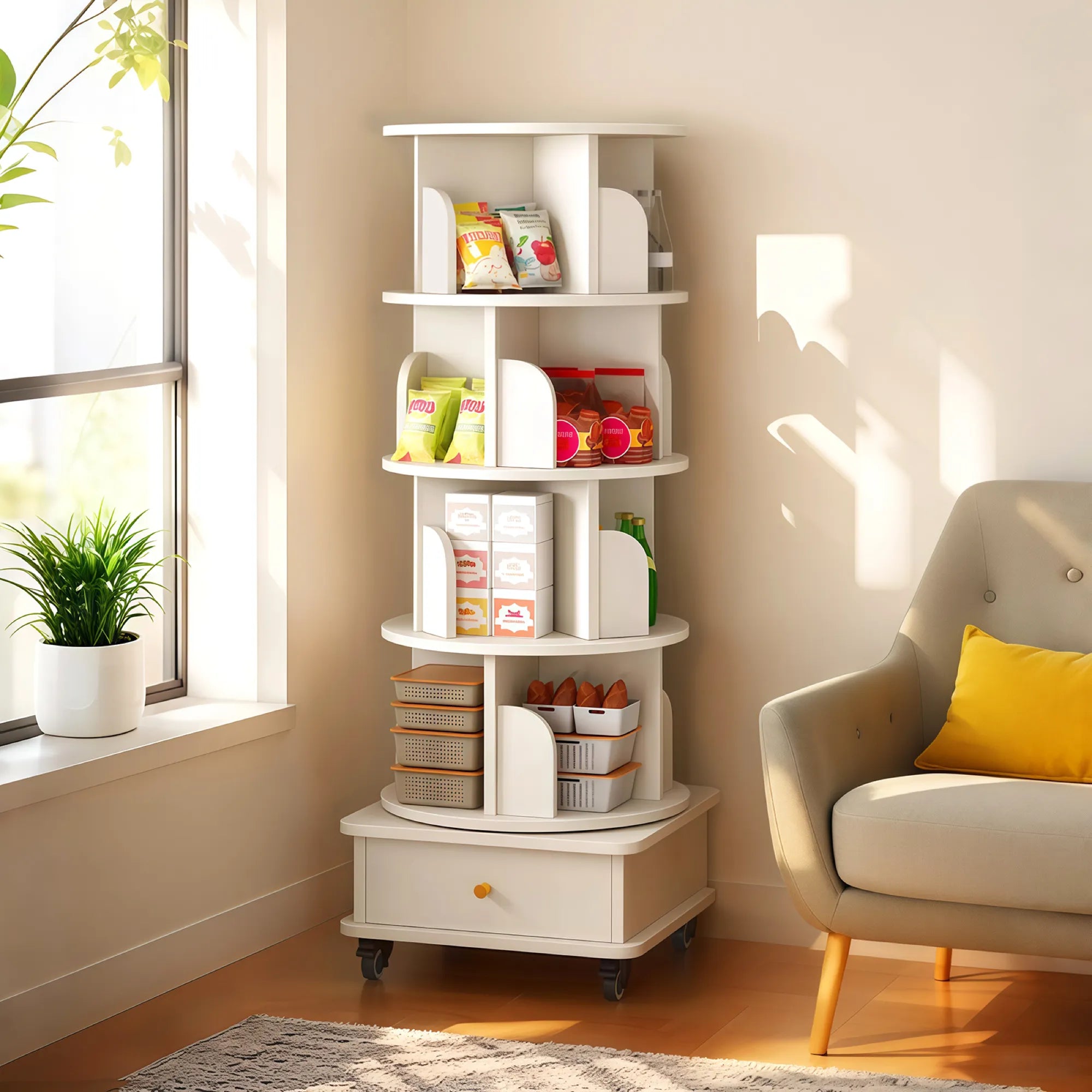 360° Rotating Bookshelf Tower with Drawer & Wheels