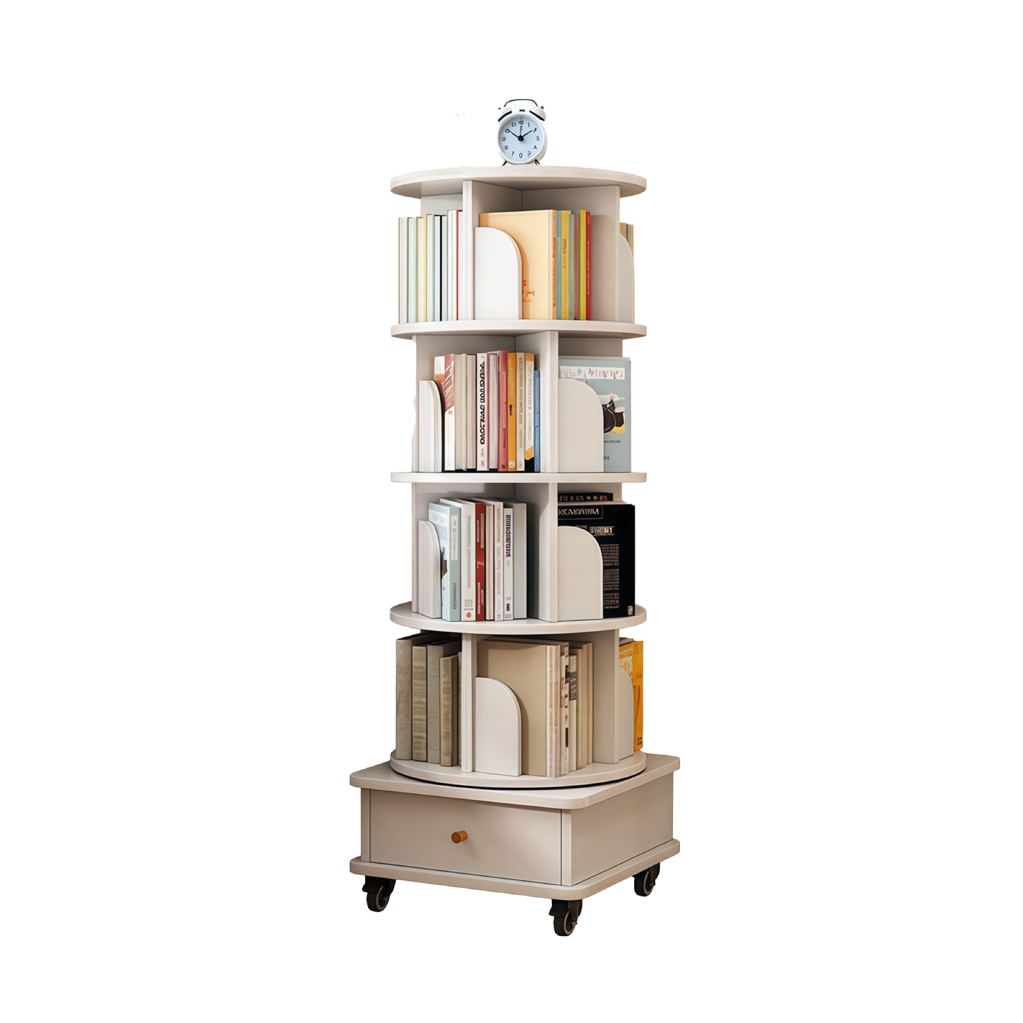 360° Rotating Bookshelf Tower with Drawer & Wheels