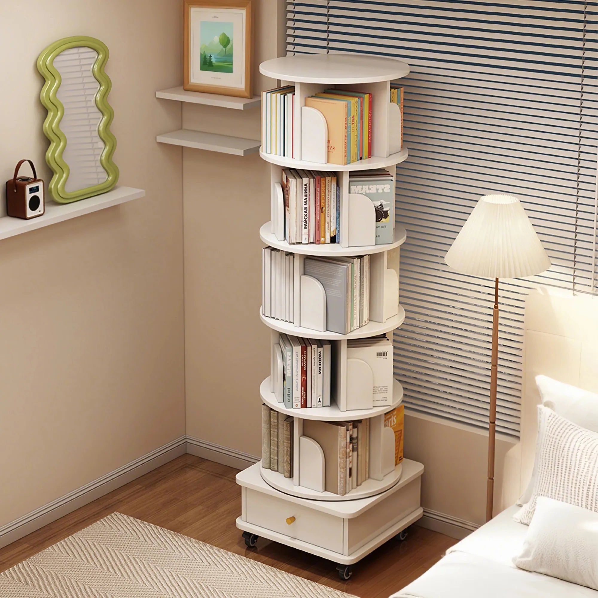 360° Rotating Bookshelf Tower with Drawer & Wheels