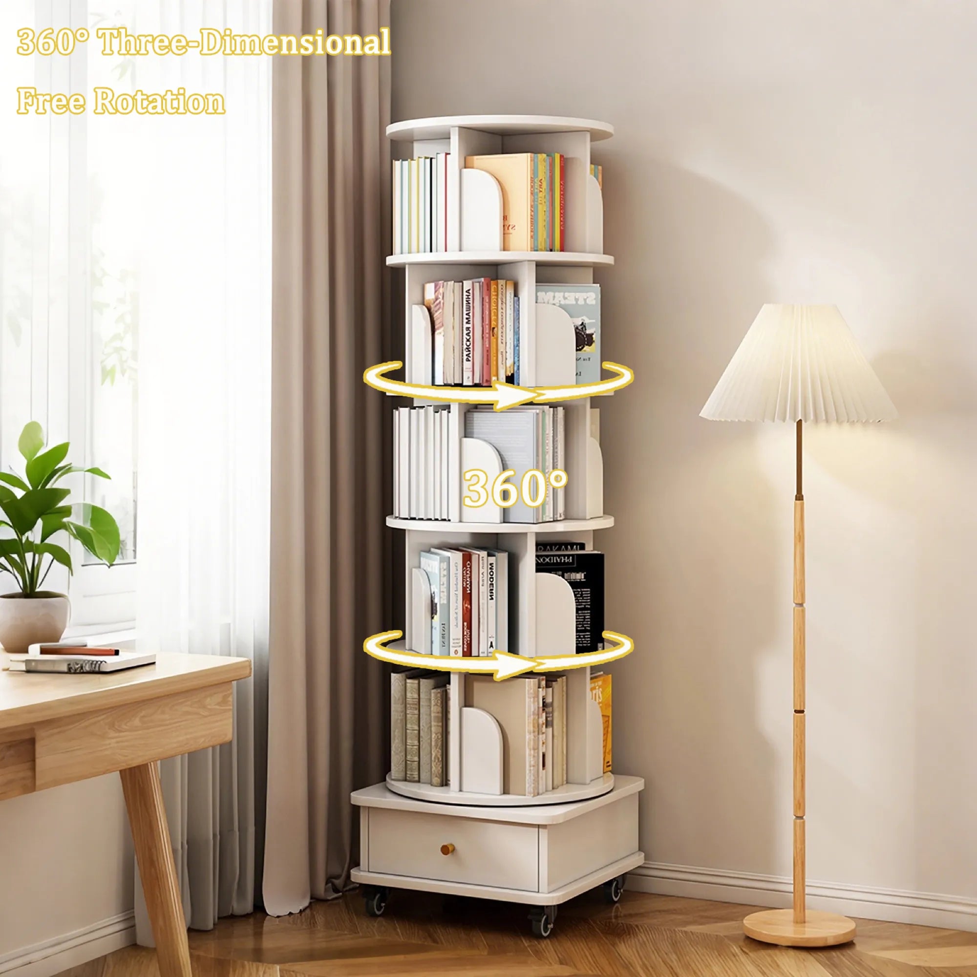 360° Rotating Bookshelf Tower with Drawer & Wheels