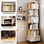 360° Rotating Bookshelf Tower with Drawer & Wheels