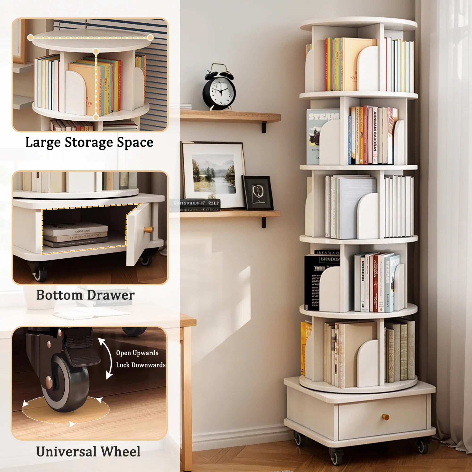 360° Rotating Bookshelf Tower with Drawer & Wheels