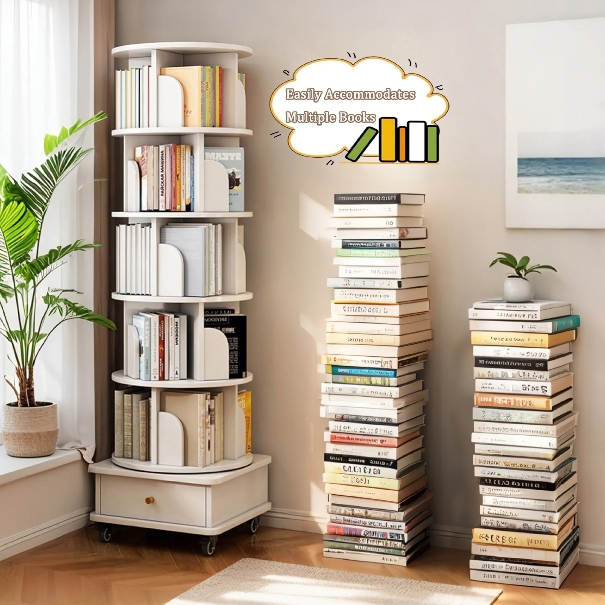 360° Rotating Bookshelf Tower with Drawer & Wheels