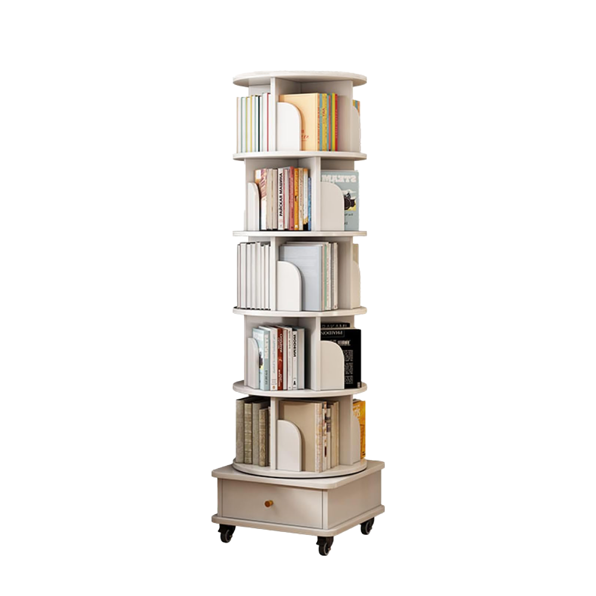 360° Rotating Bookshelf Tower with Drawer & Wheels