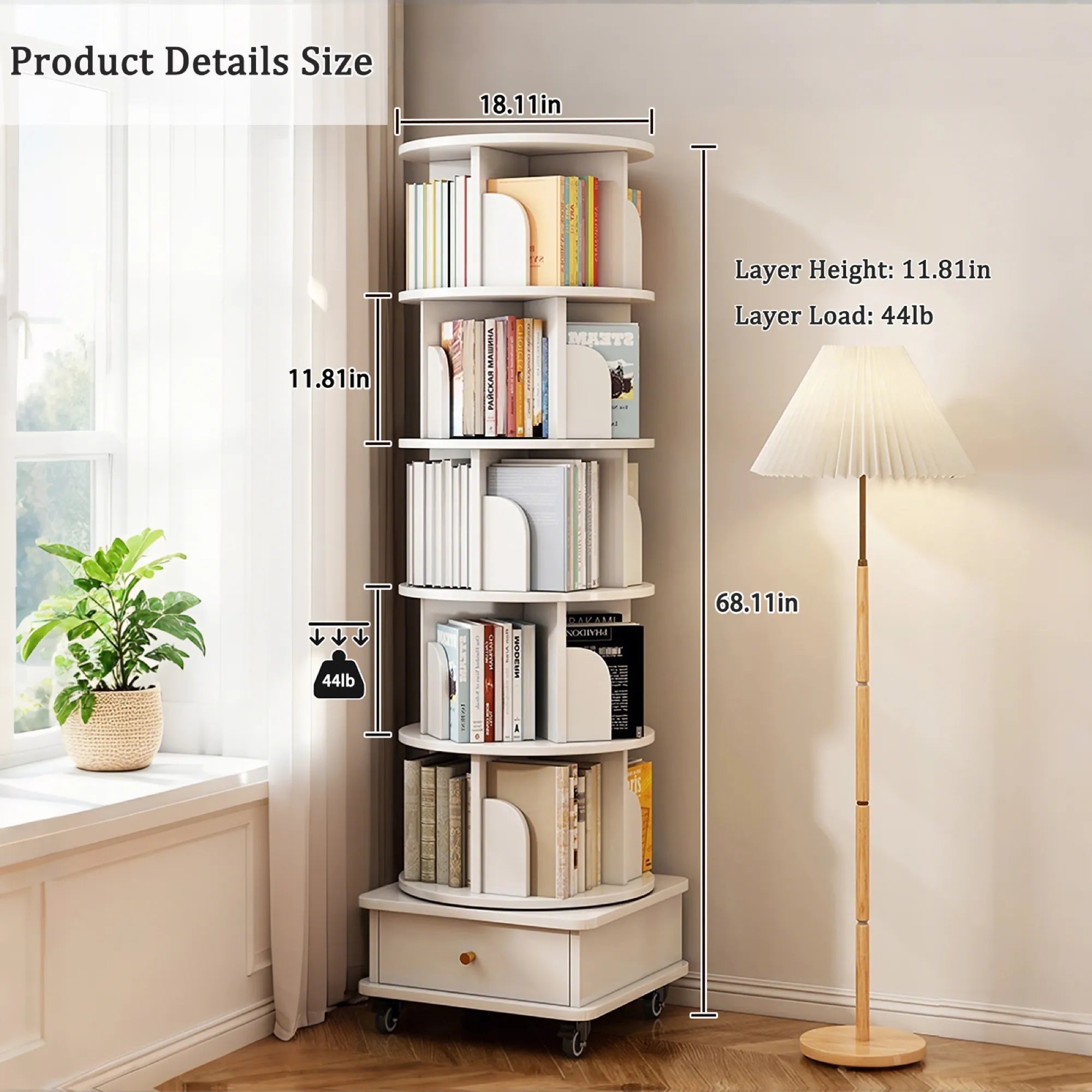 360° Rotating Bookshelf Tower with Drawer & Wheels
