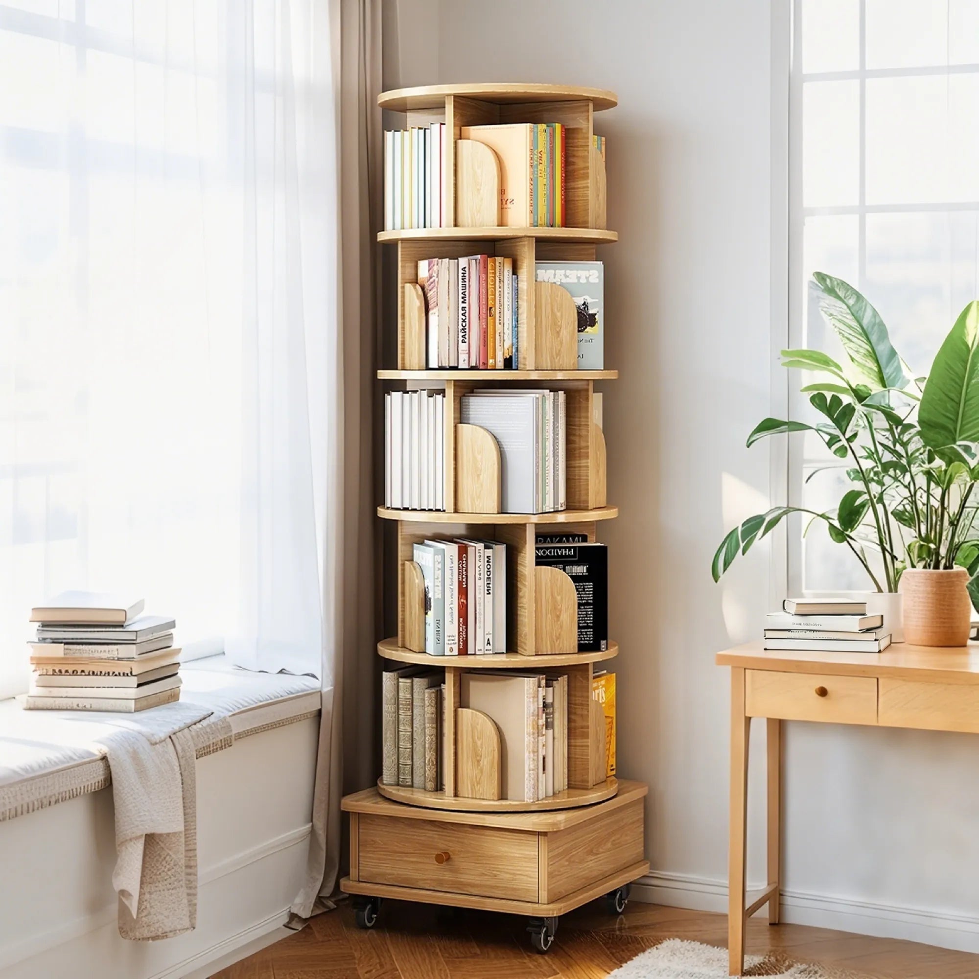 360° Rotating Bookshelf Tower with Drawer & Wheels
