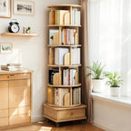 360° Rotating Bookshelf Tower with Drawer & Wheels
