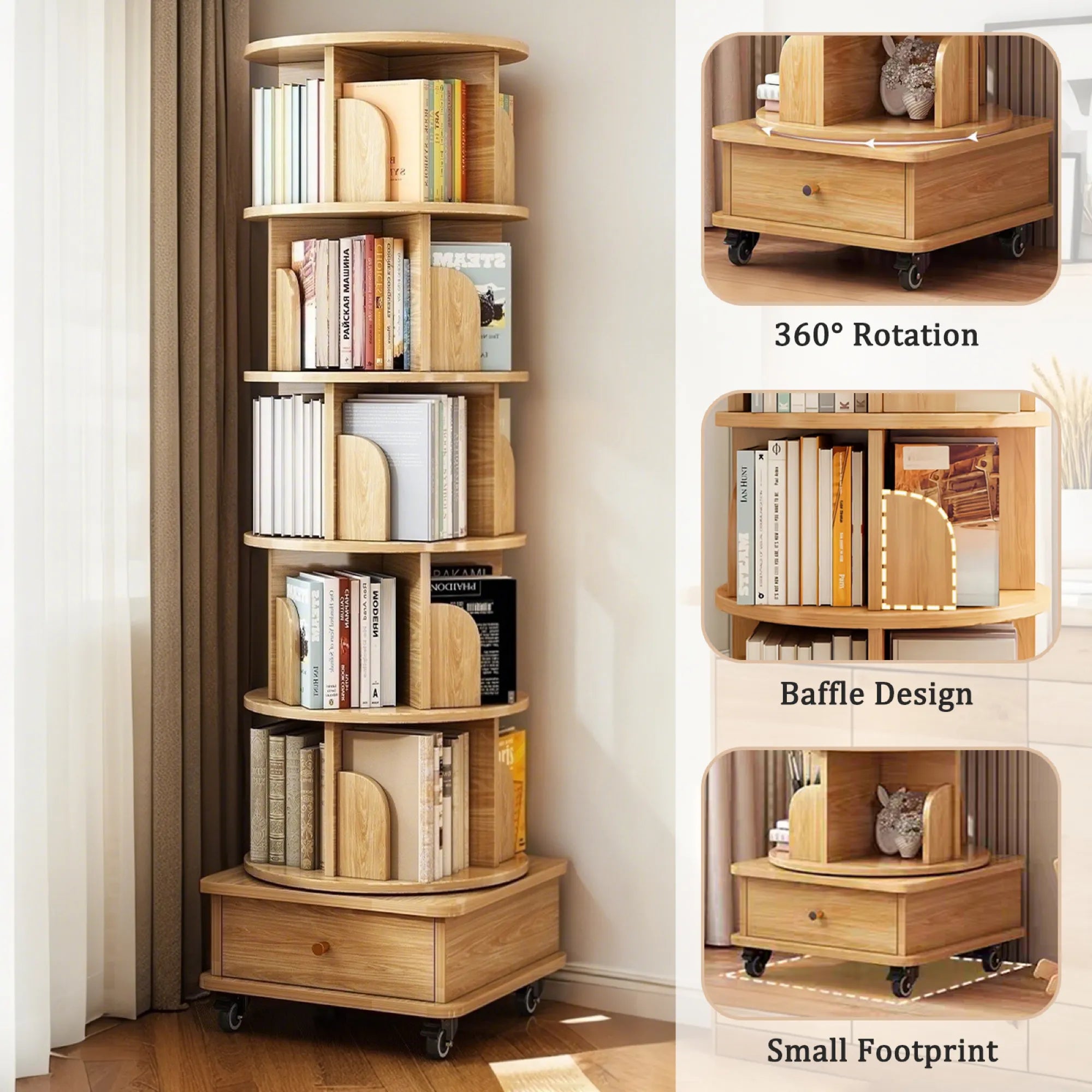 360° Rotating Bookshelf Tower with Drawer & Wheels