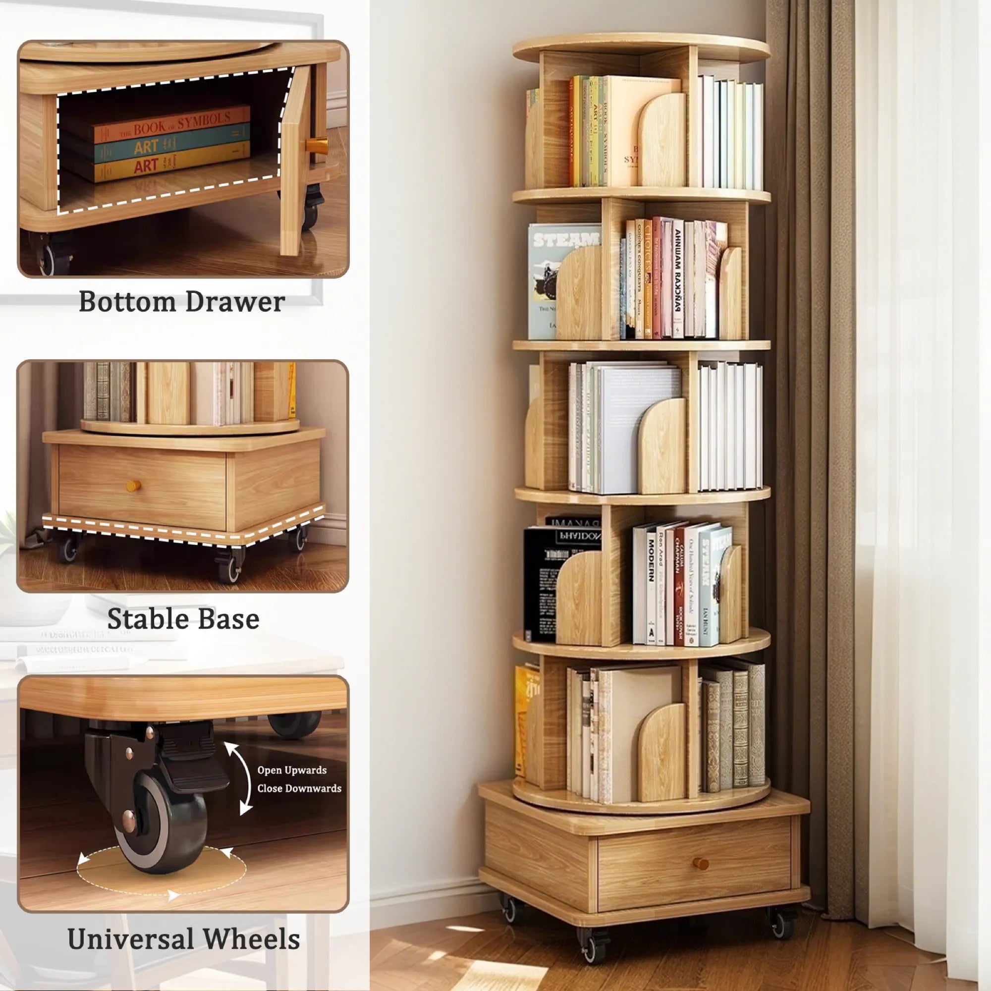 360° Rotating Bookshelf Tower with Drawer & Wheels