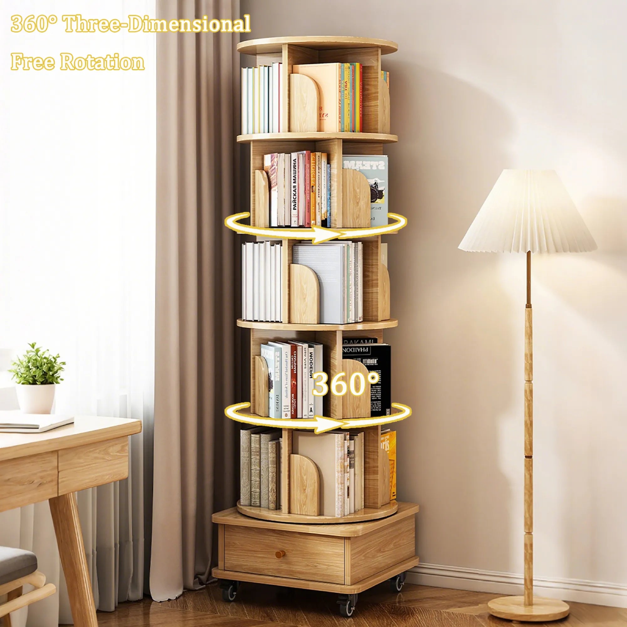 360° Rotating Bookshelf Tower with Drawer & Wheels