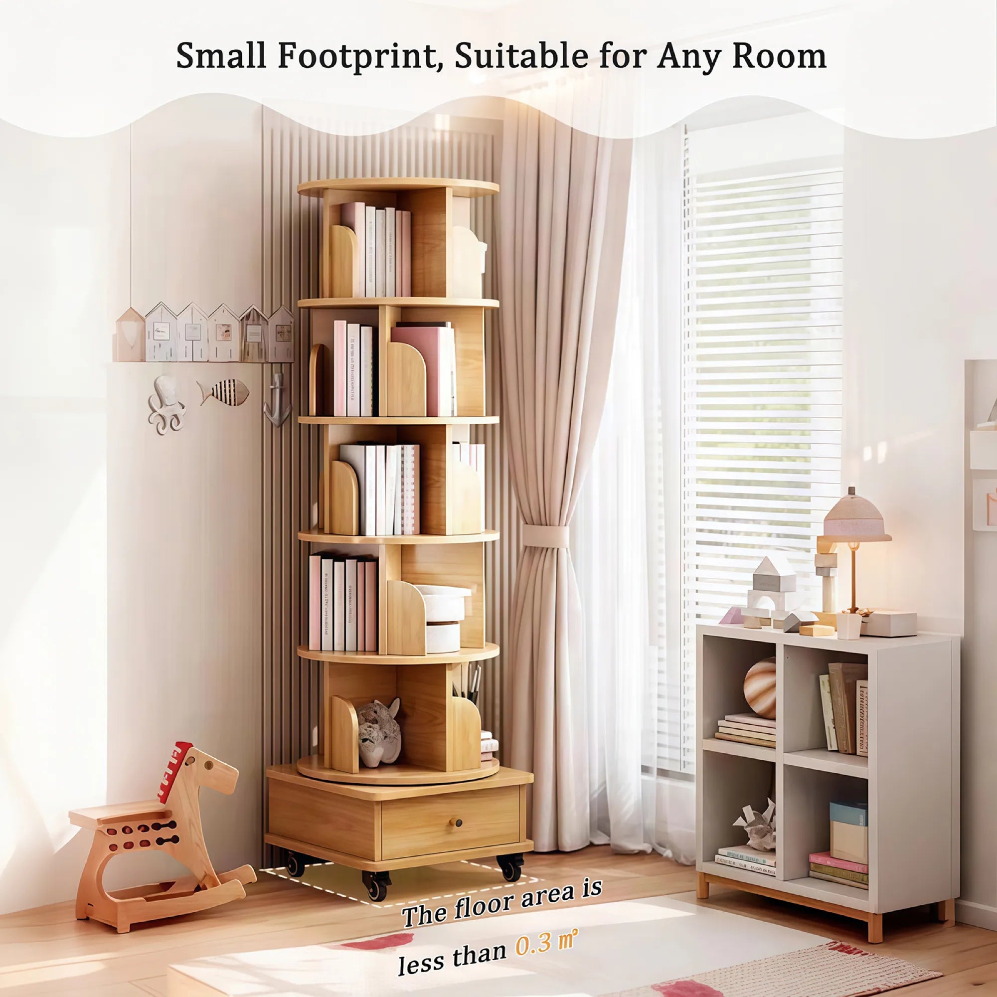 360° Rotating Bookshelf Tower with Drawer & Wheels