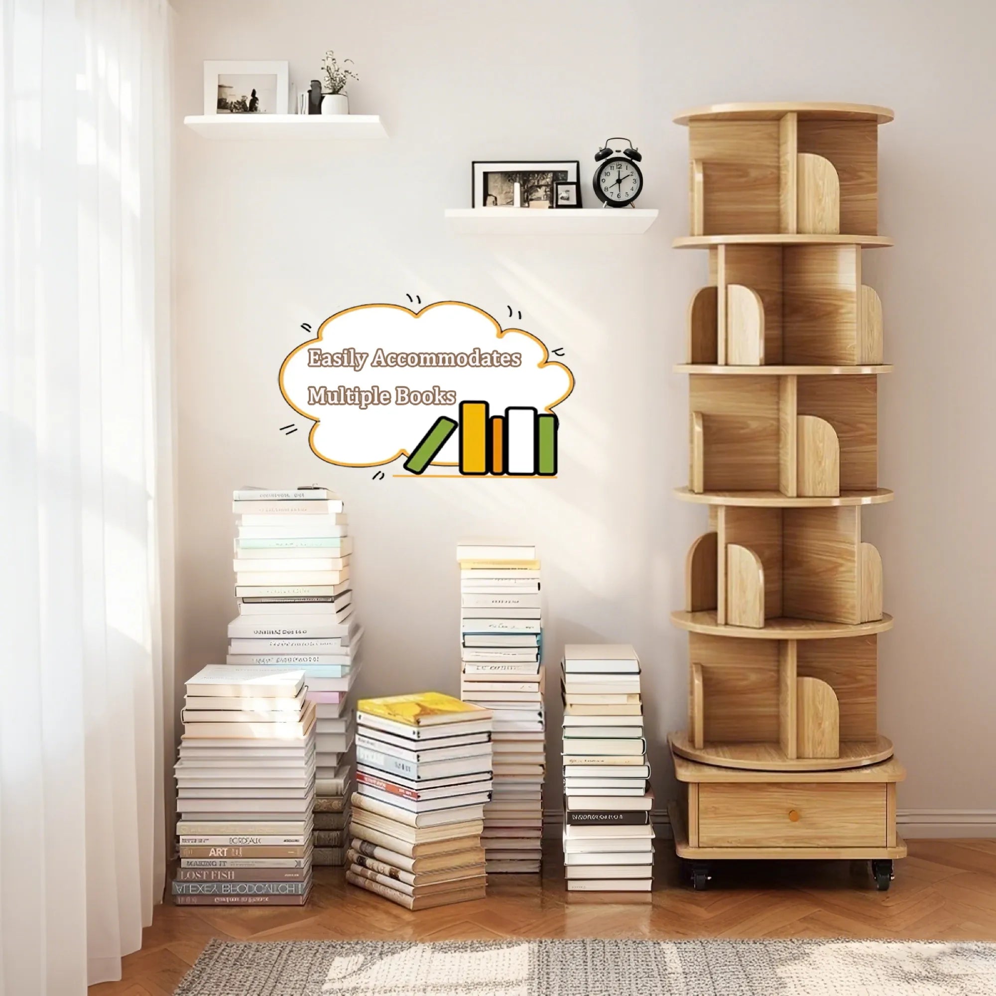 360° Rotating Bookshelf Tower with Drawer & Wheels