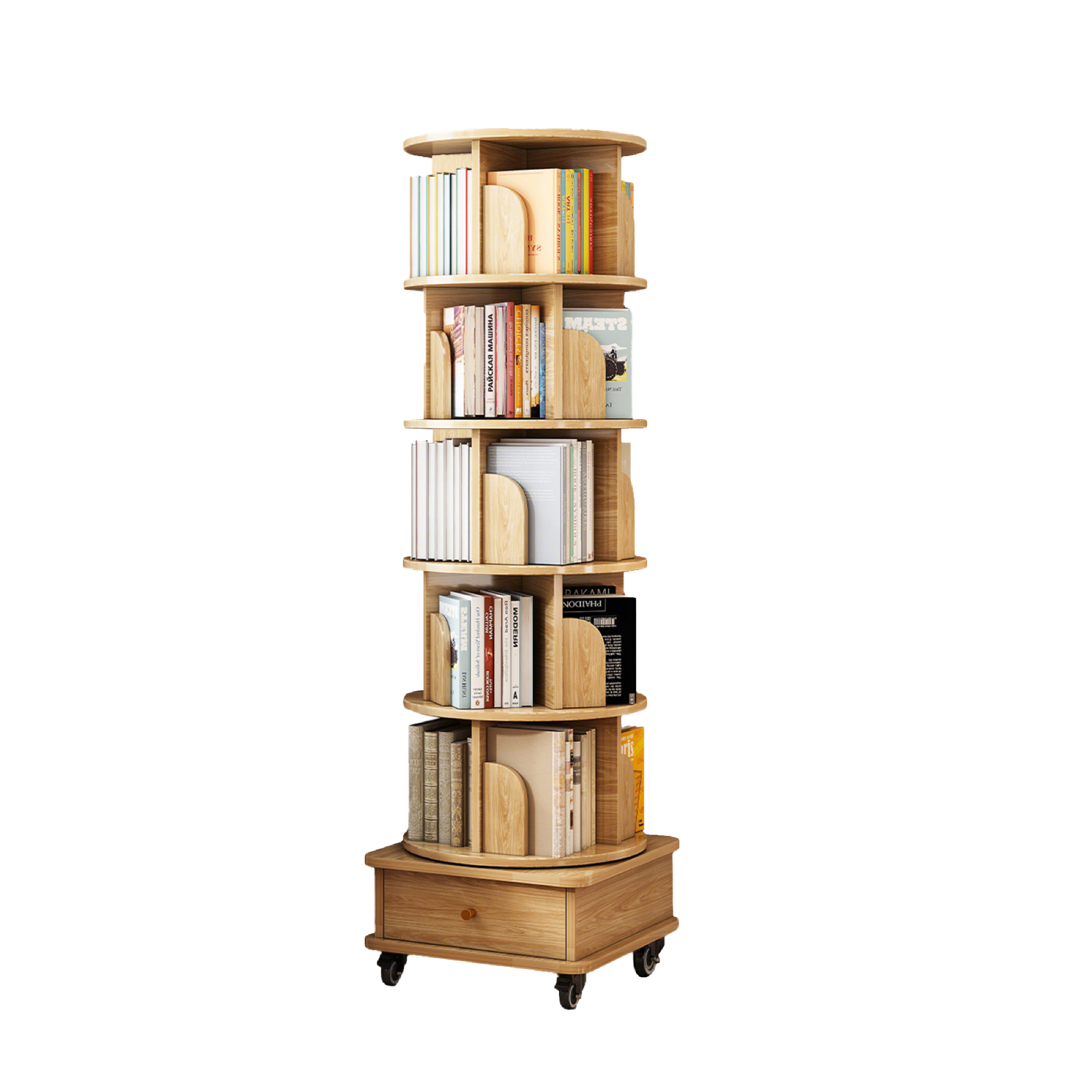 360° Rotating Bookshelf Tower with Drawer & Wheels