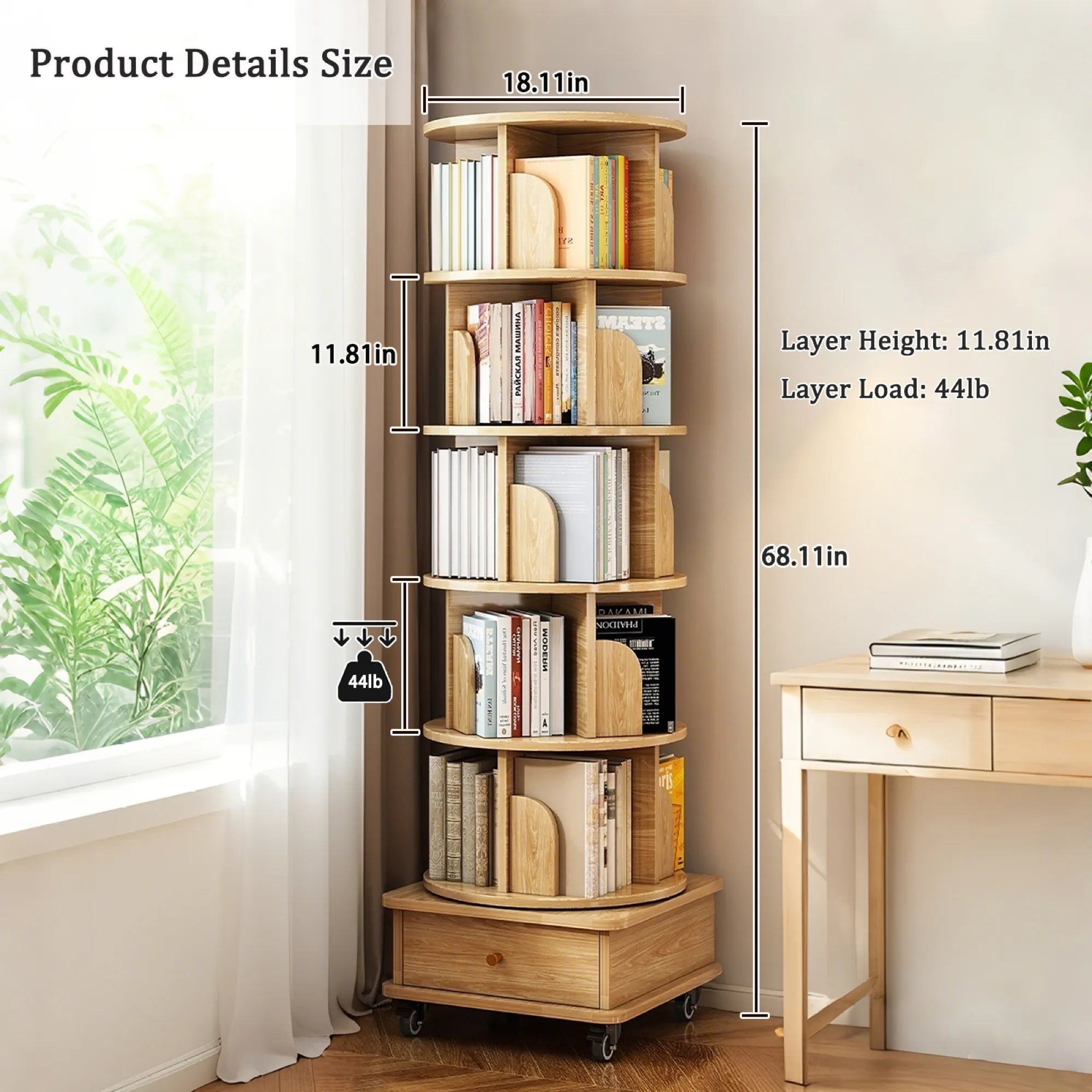360° Rotating Bookshelf Tower with Drawer & Wheels