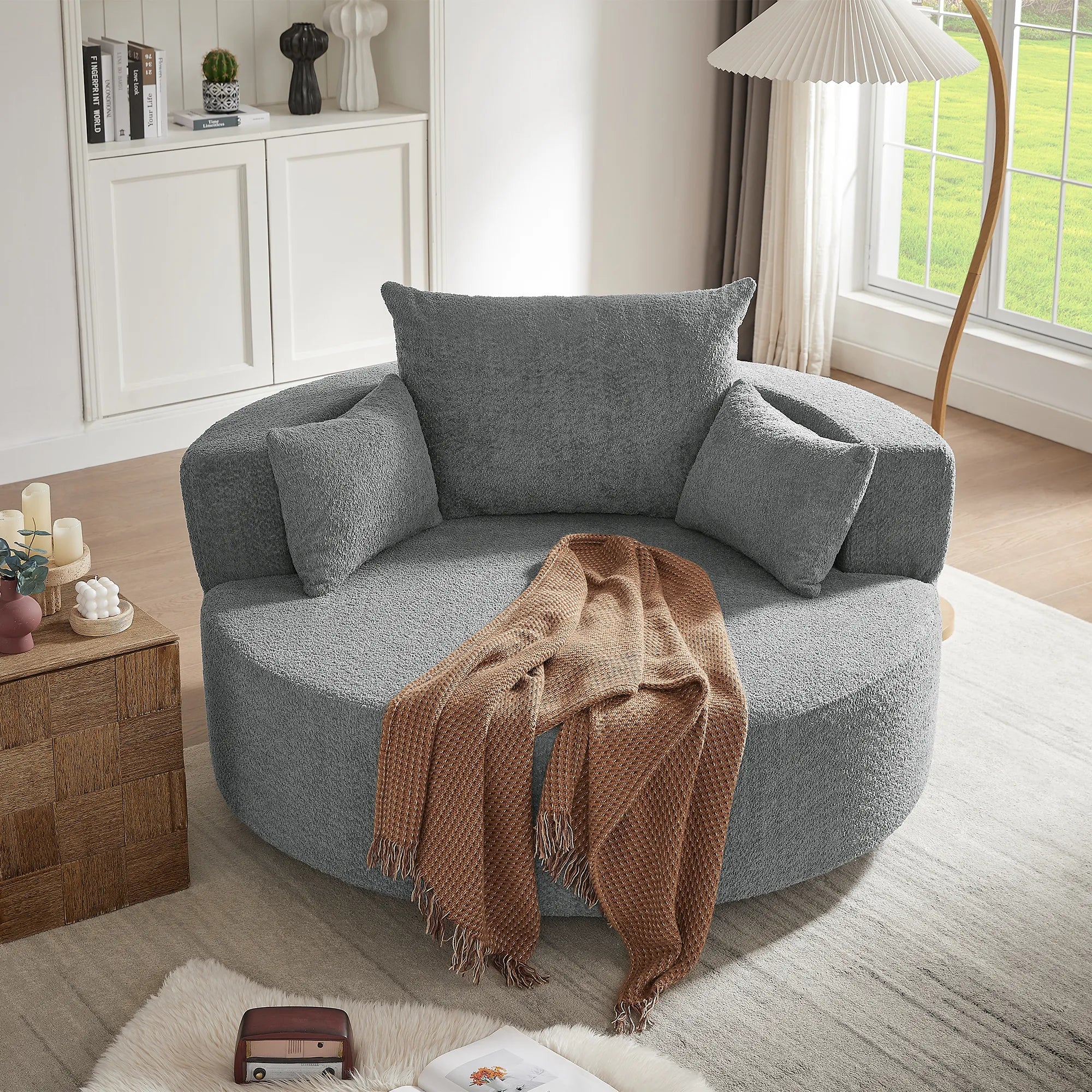 360° Swivel Barrel Accent Chair With Throw Pillows