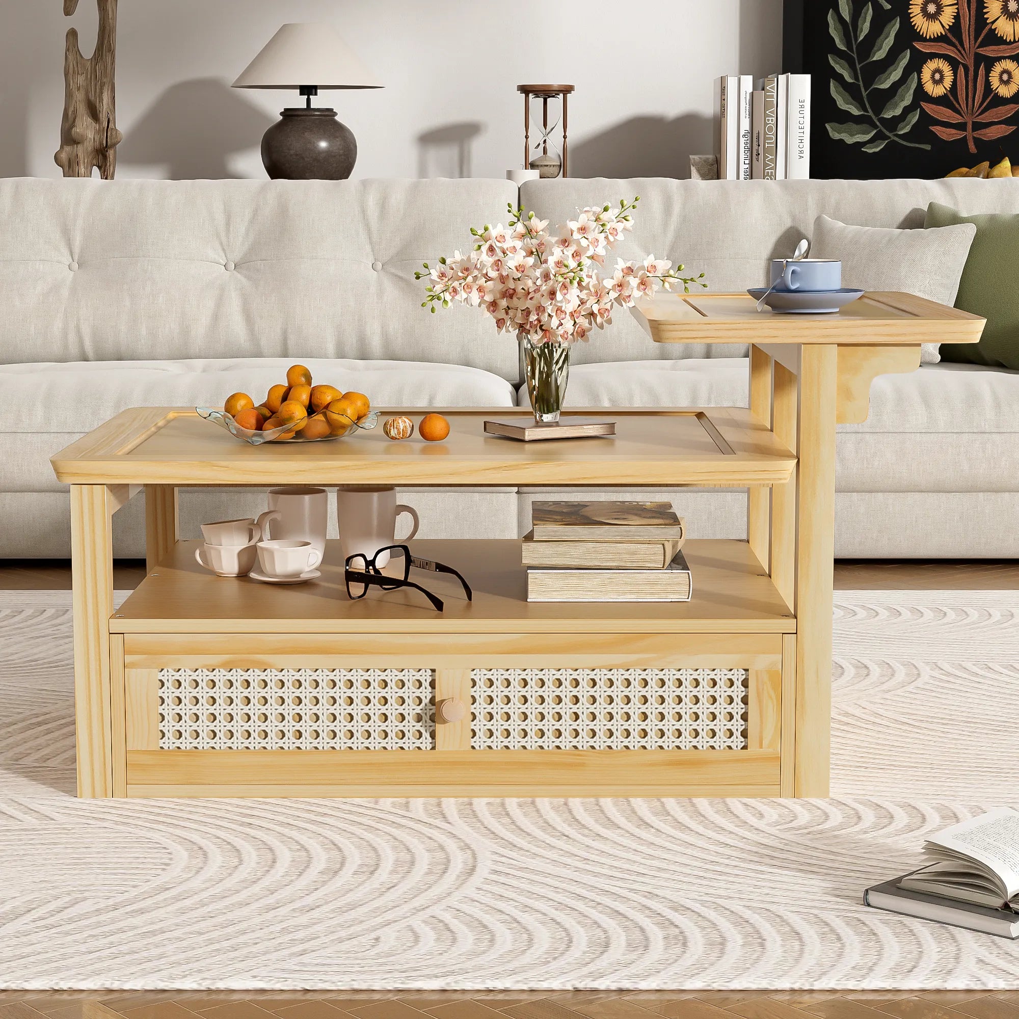 38" Stylish Coffee Table With Rattan Drawer
