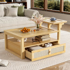 38" Stylish Coffee Table With Rattan Drawer