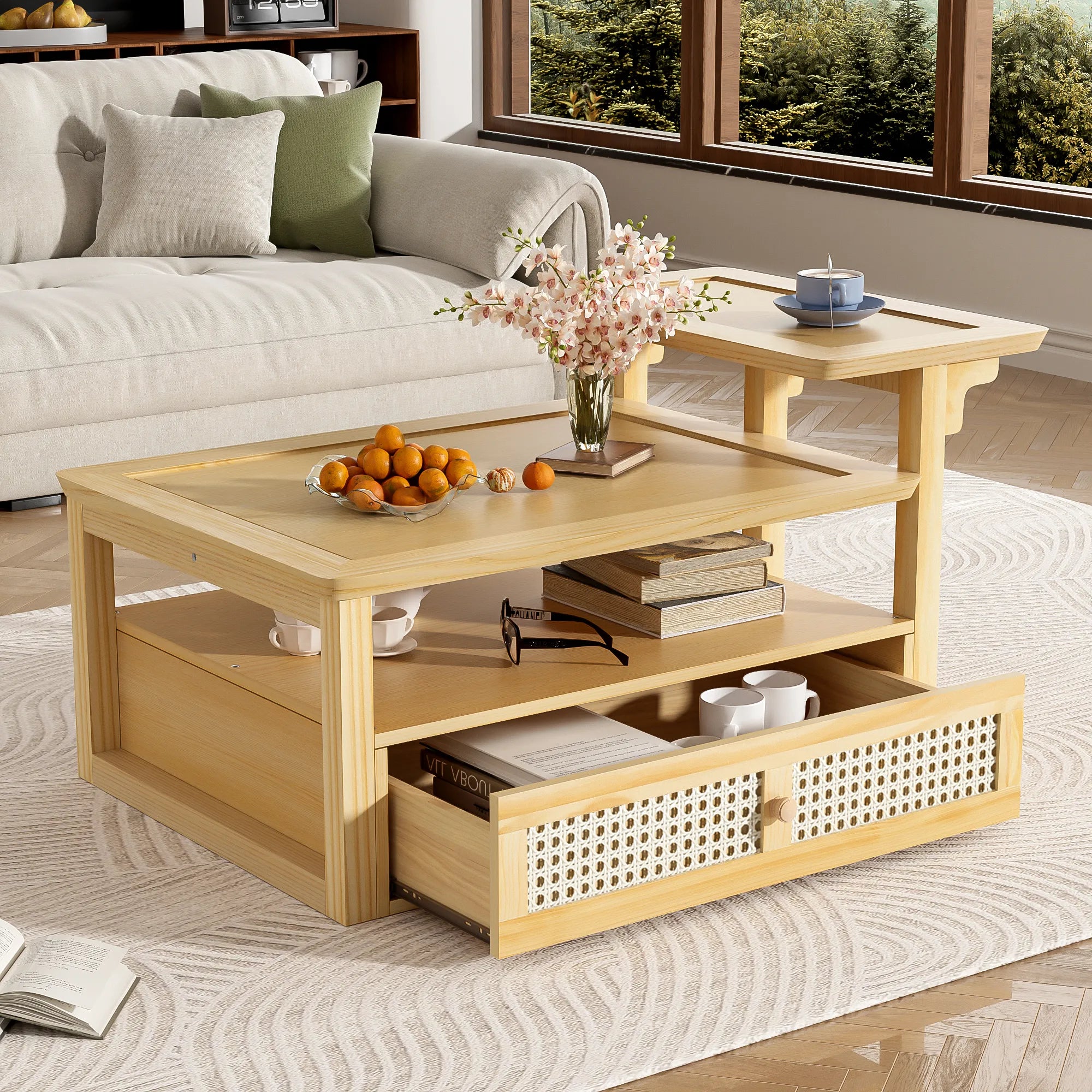 38" Stylish Coffee Table With Rattan Drawer