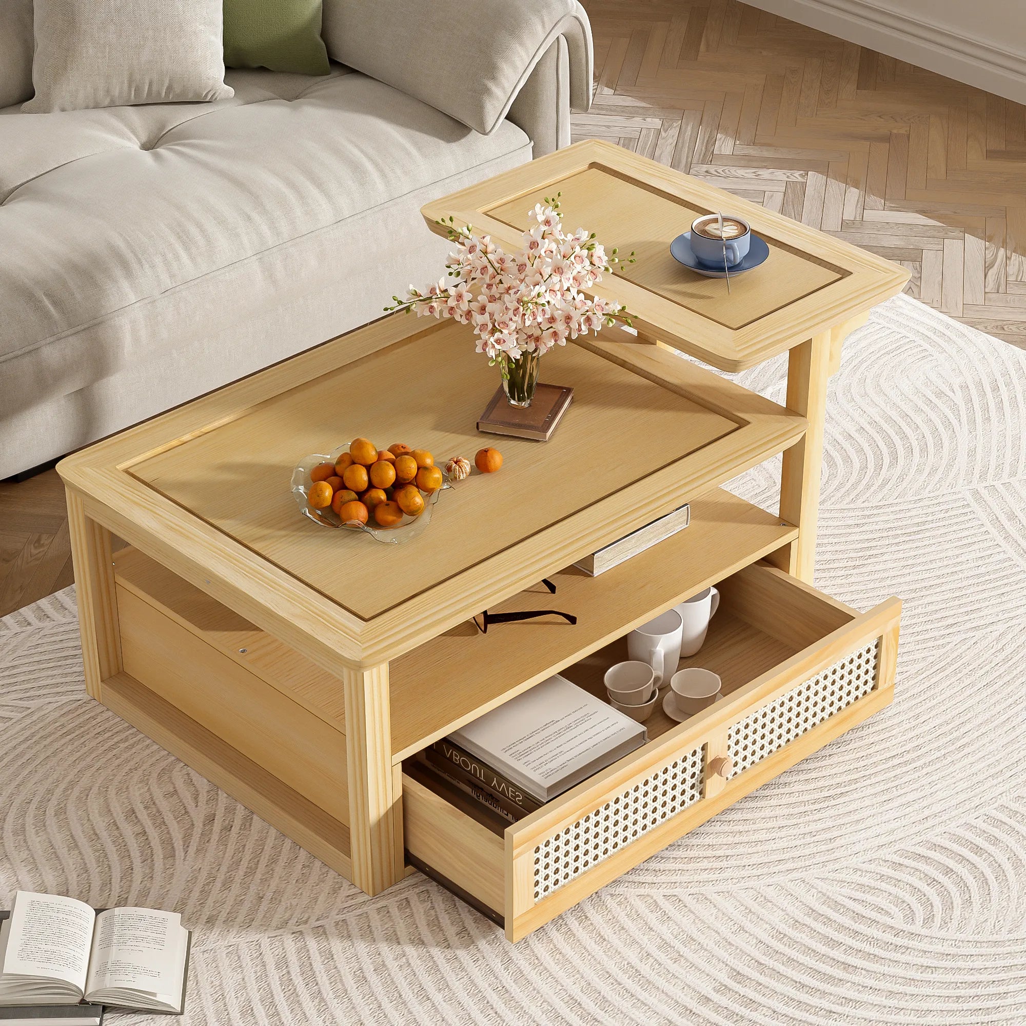 38" Stylish Coffee Table With Rattan Drawer
