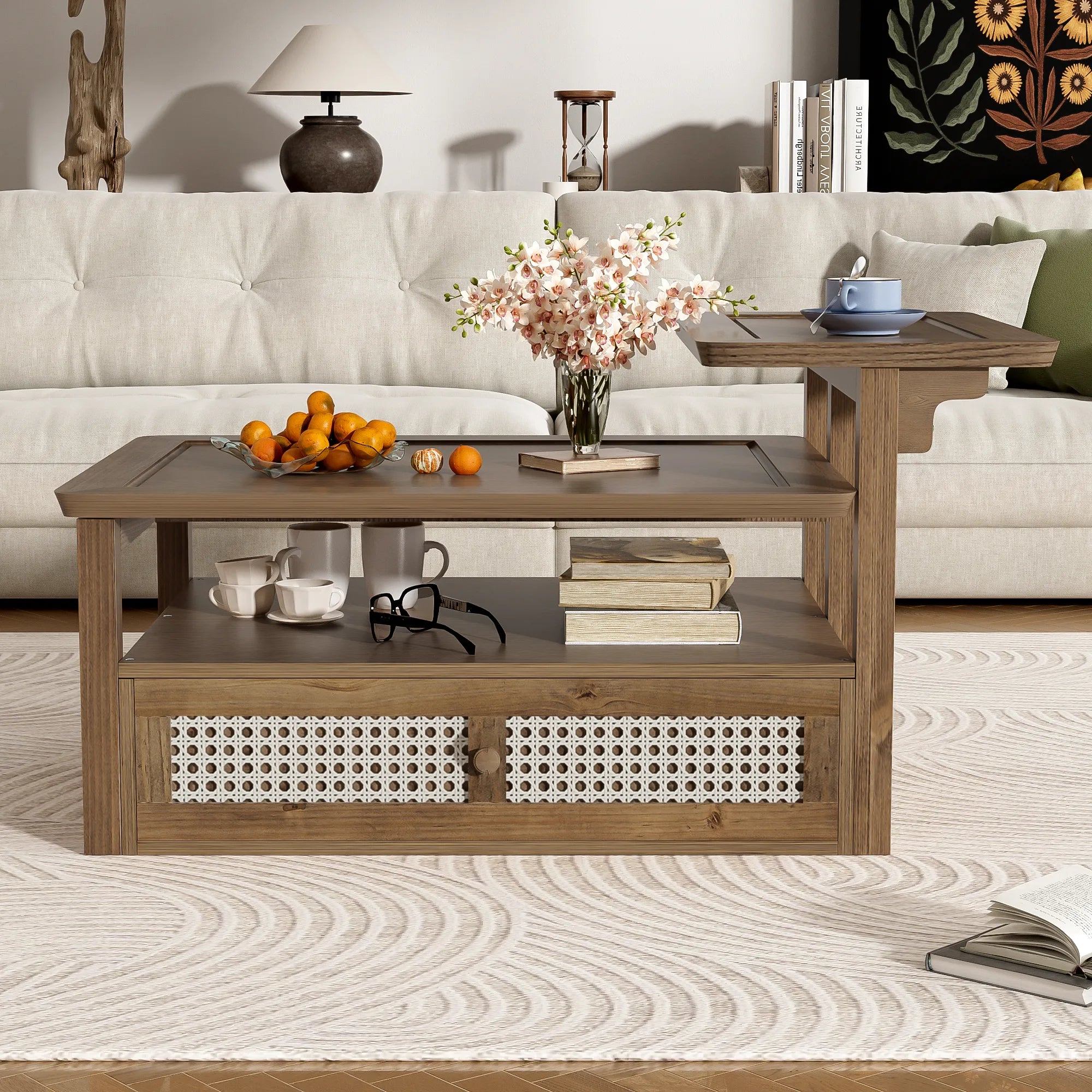 38" Stylish Coffee Table With Rattan Drawer