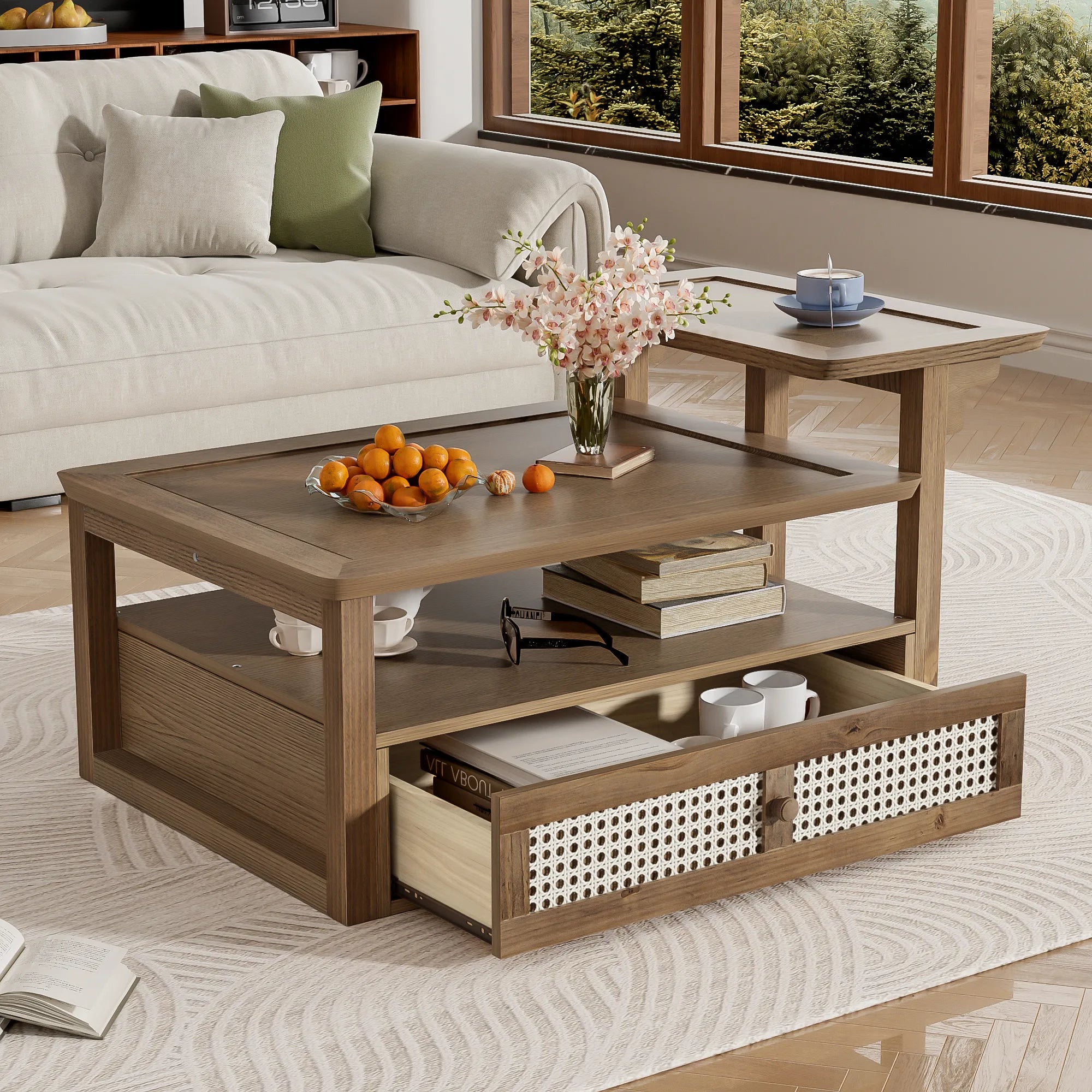 38" Stylish Coffee Table With Rattan Drawer