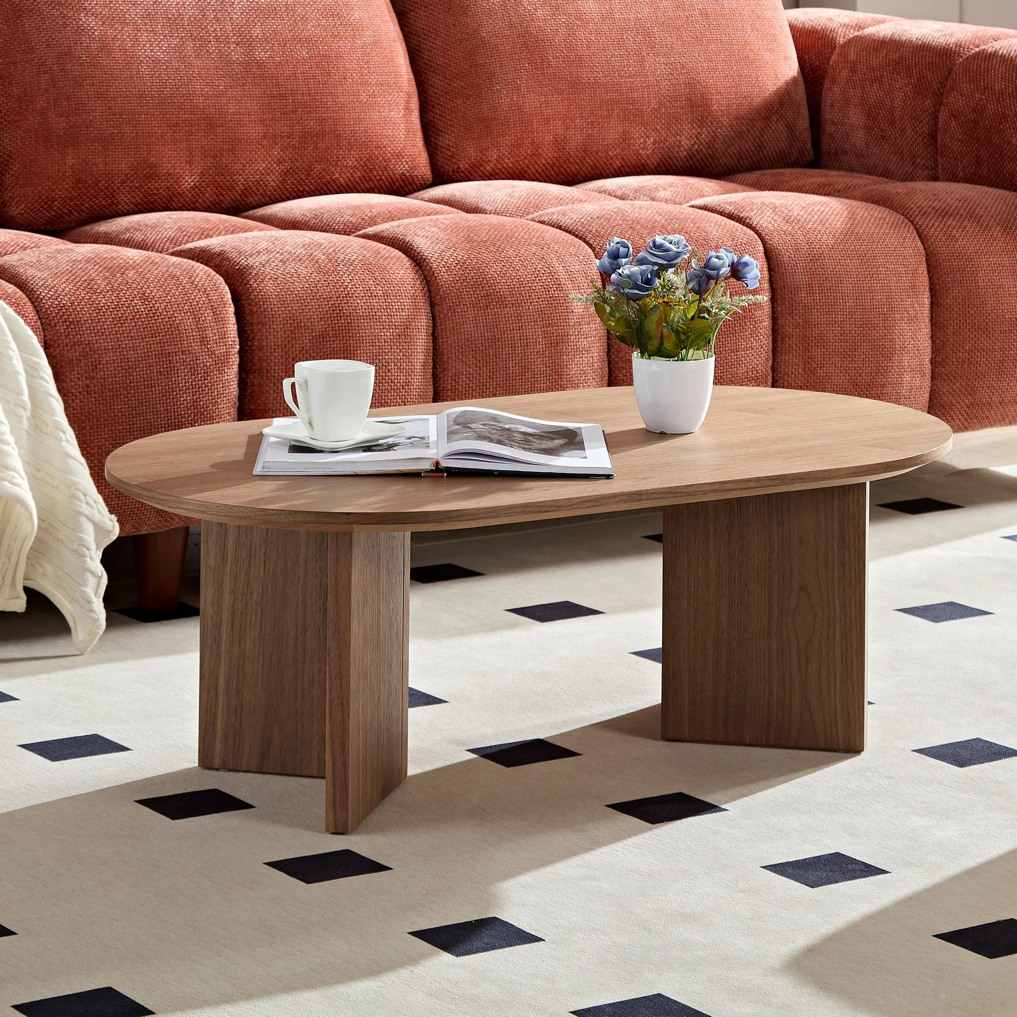 39" Modern MDF Oval Coffee Table With Sturdy Pedestal