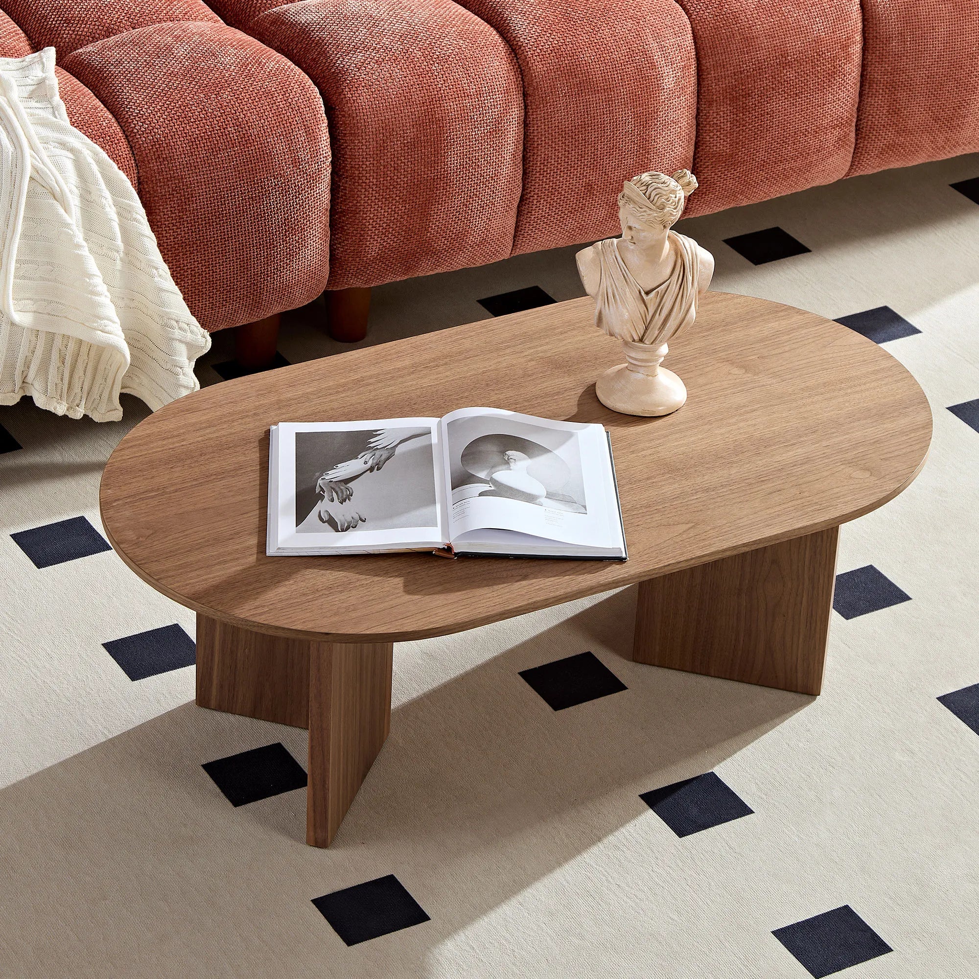 39" Modern MDF Oval Coffee Table With Sturdy Pedestal