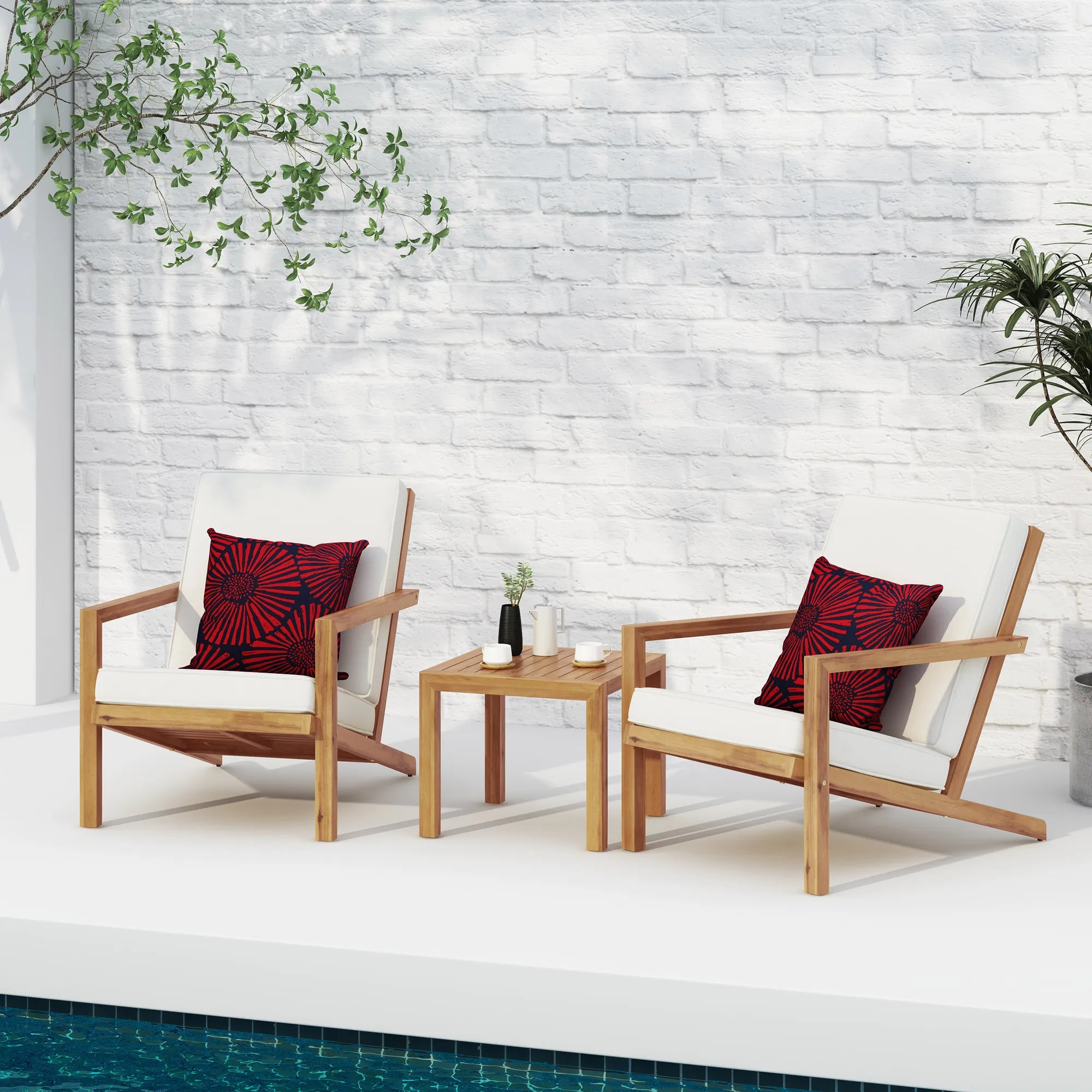 3 Pieces Wood Outdoor Patio Seat Set