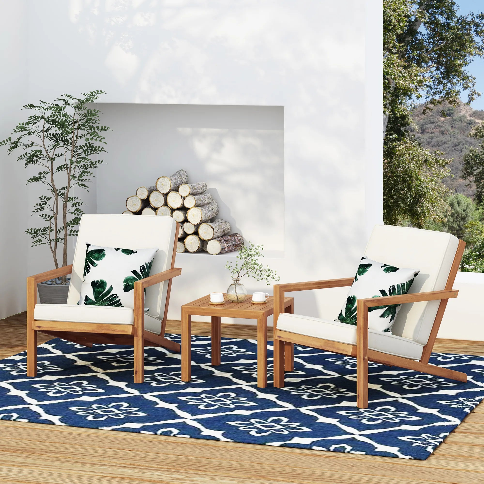 3 Pieces Wood Outdoor Patio Seat Set