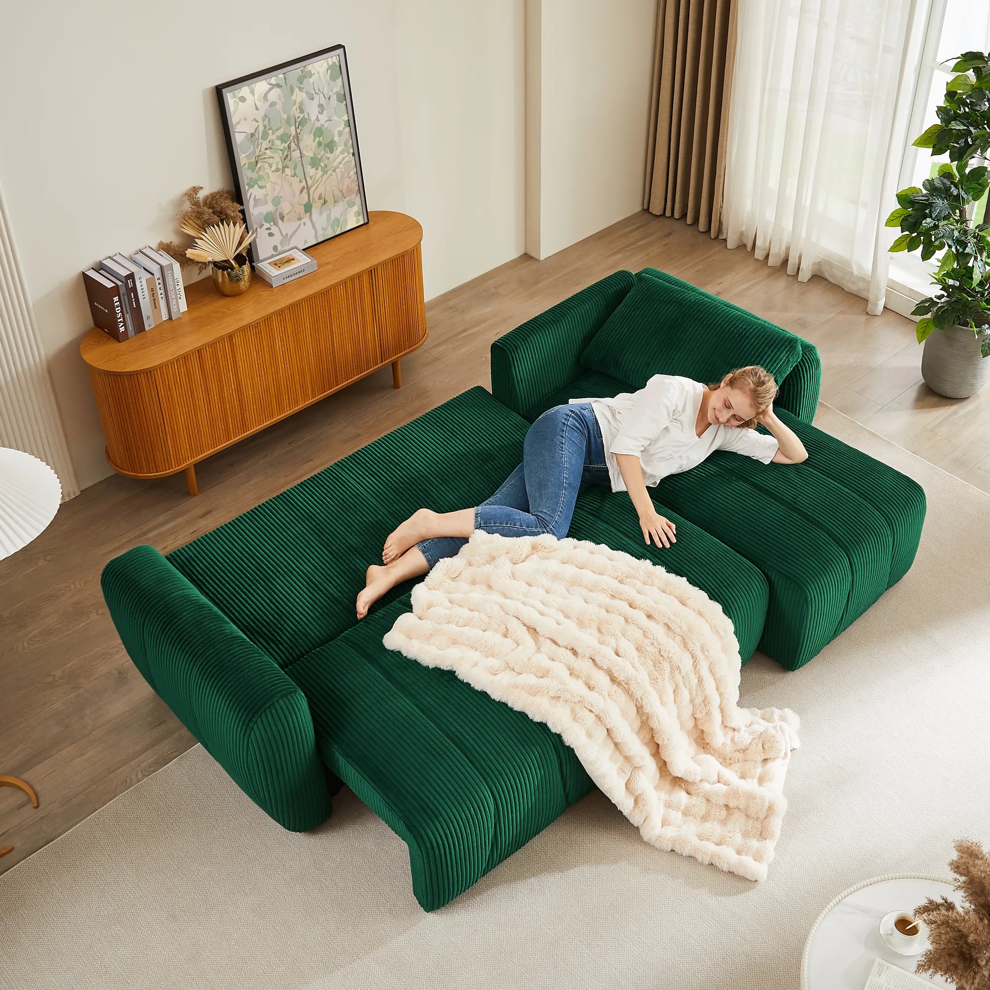 3 Seater Fabric Convertible Modern Sectional Sleeper Sofa Bed