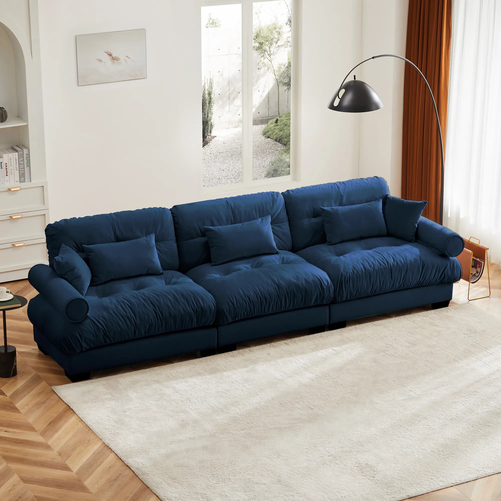 3 Seater Oversized Velvet Sectional Sofa with Movable Ottoman and Bolstered Armrests