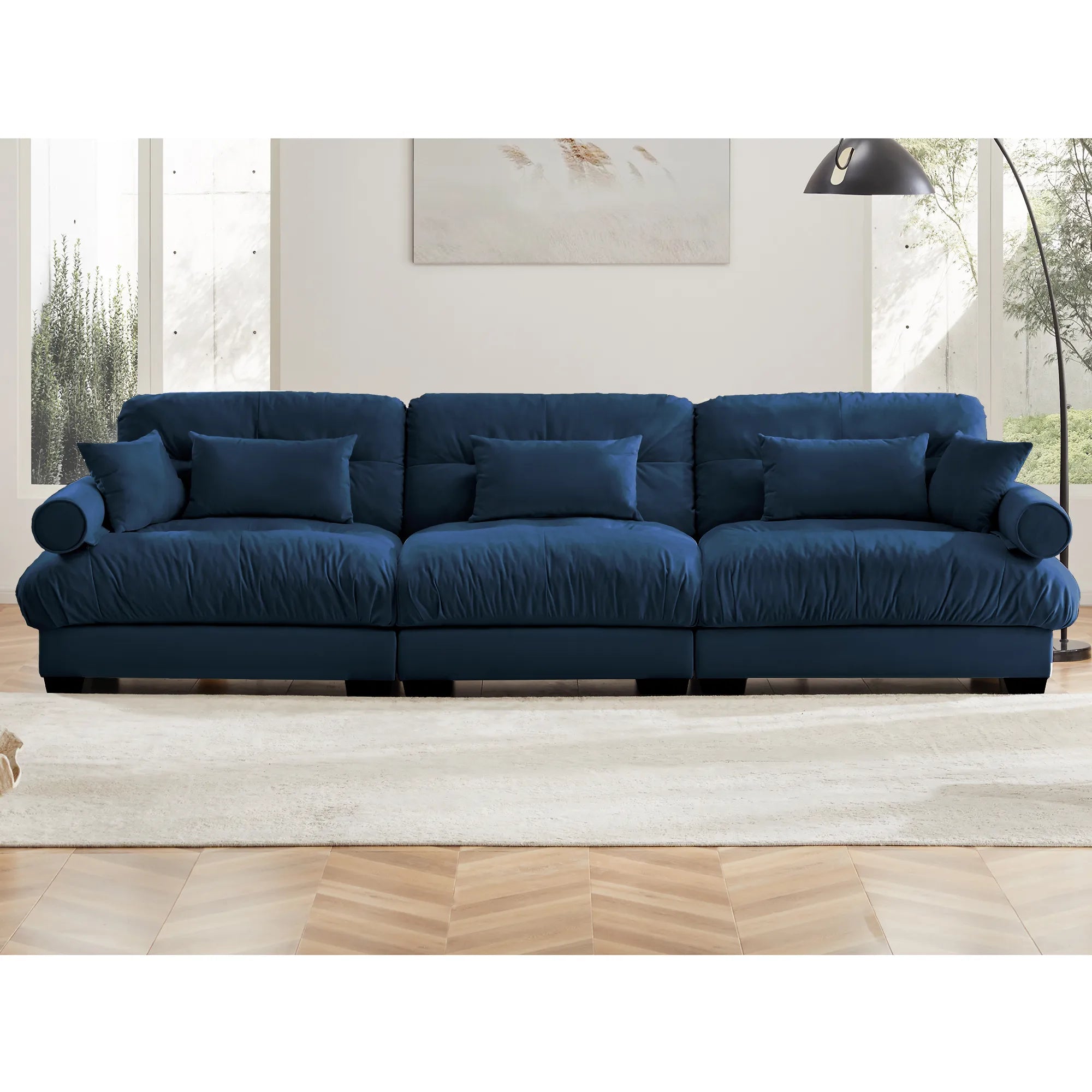 3 Seater Oversized Velvet Sectional Sofa with Movable Ottoman and Bolstered Armrests
