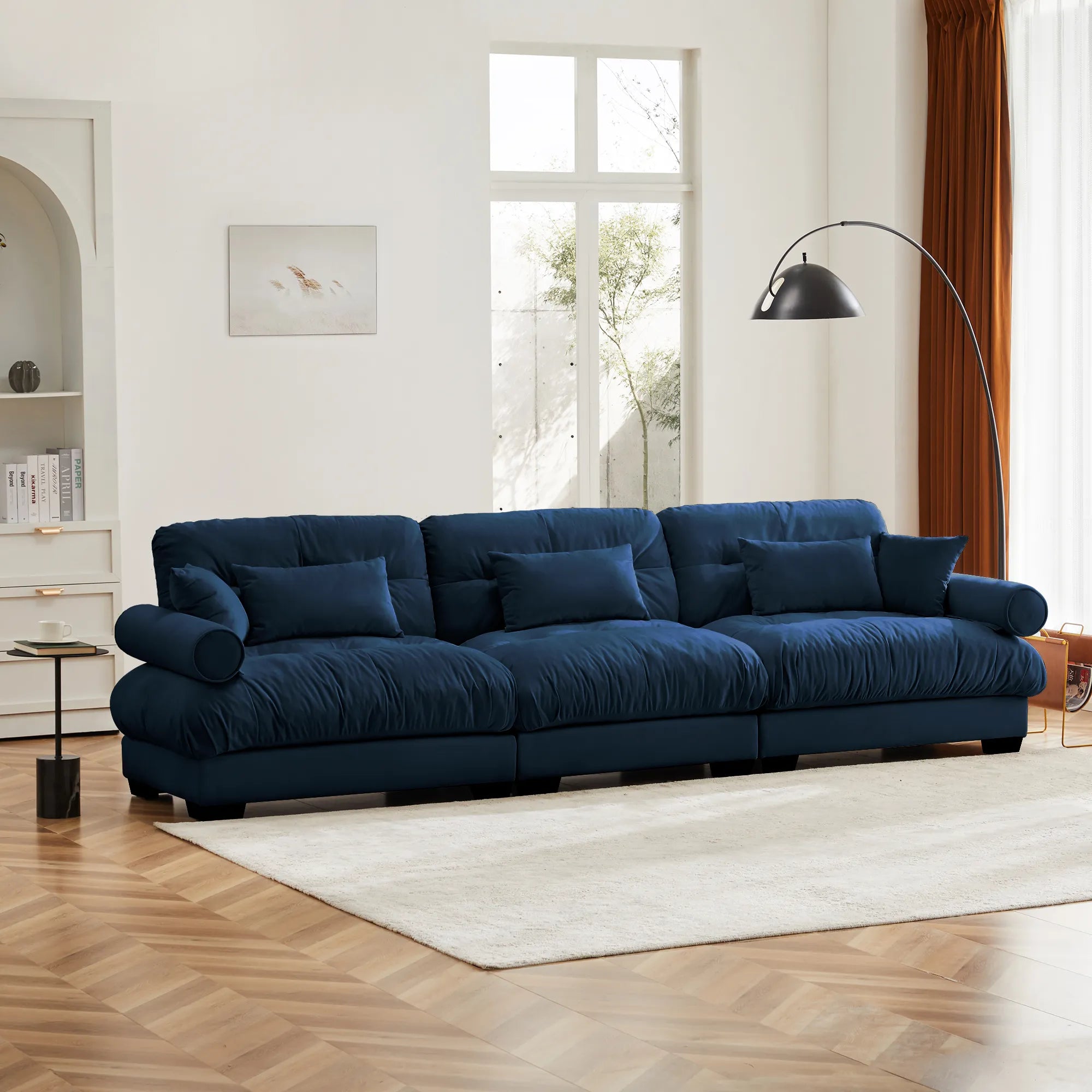 3 Seater Oversized Velvet Sectional Sofa with Movable Ottoman and Bolstered Armrests