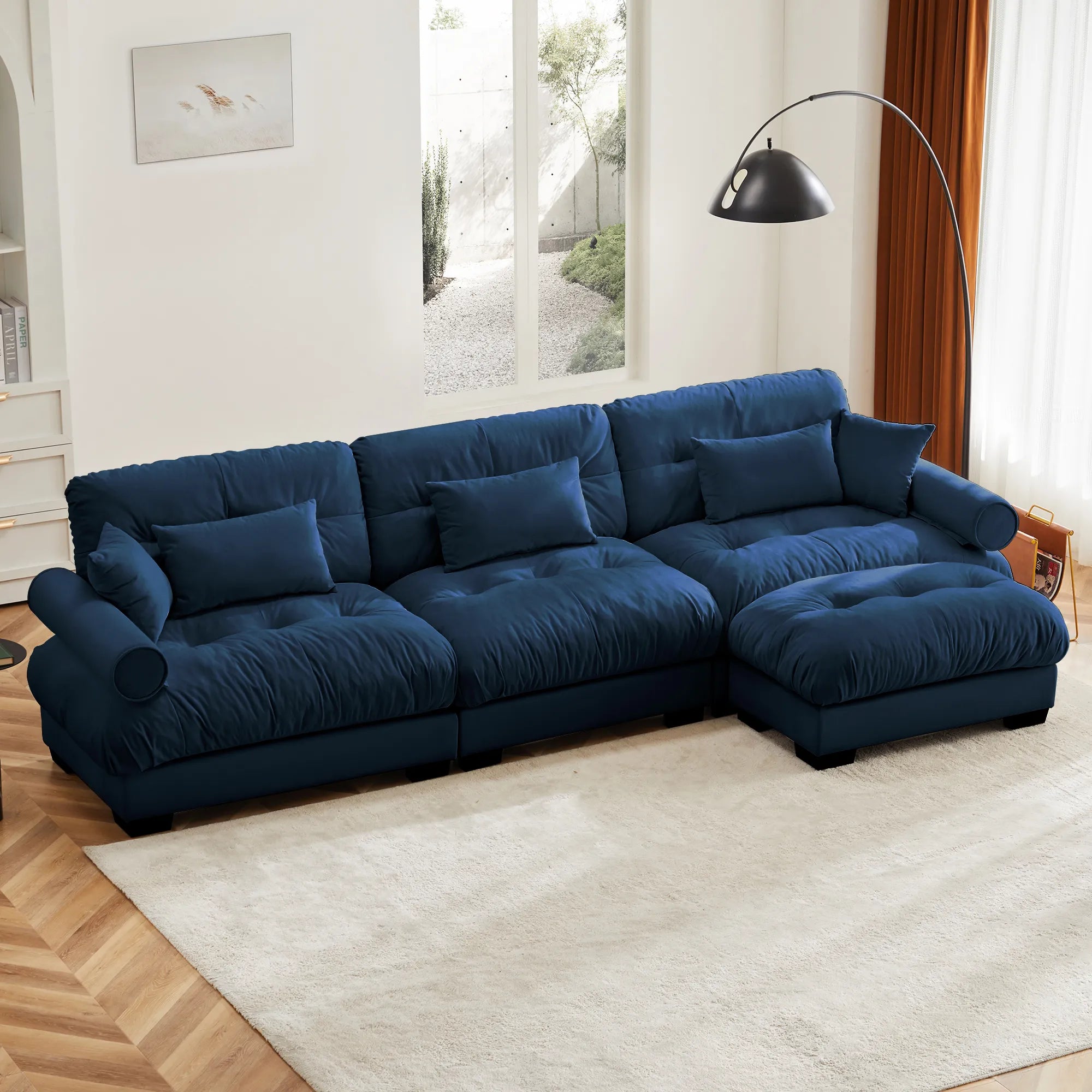 3 Seater Oversized Velvet Sectional Sofa with Movable Ottoman and Bolstered Armrests