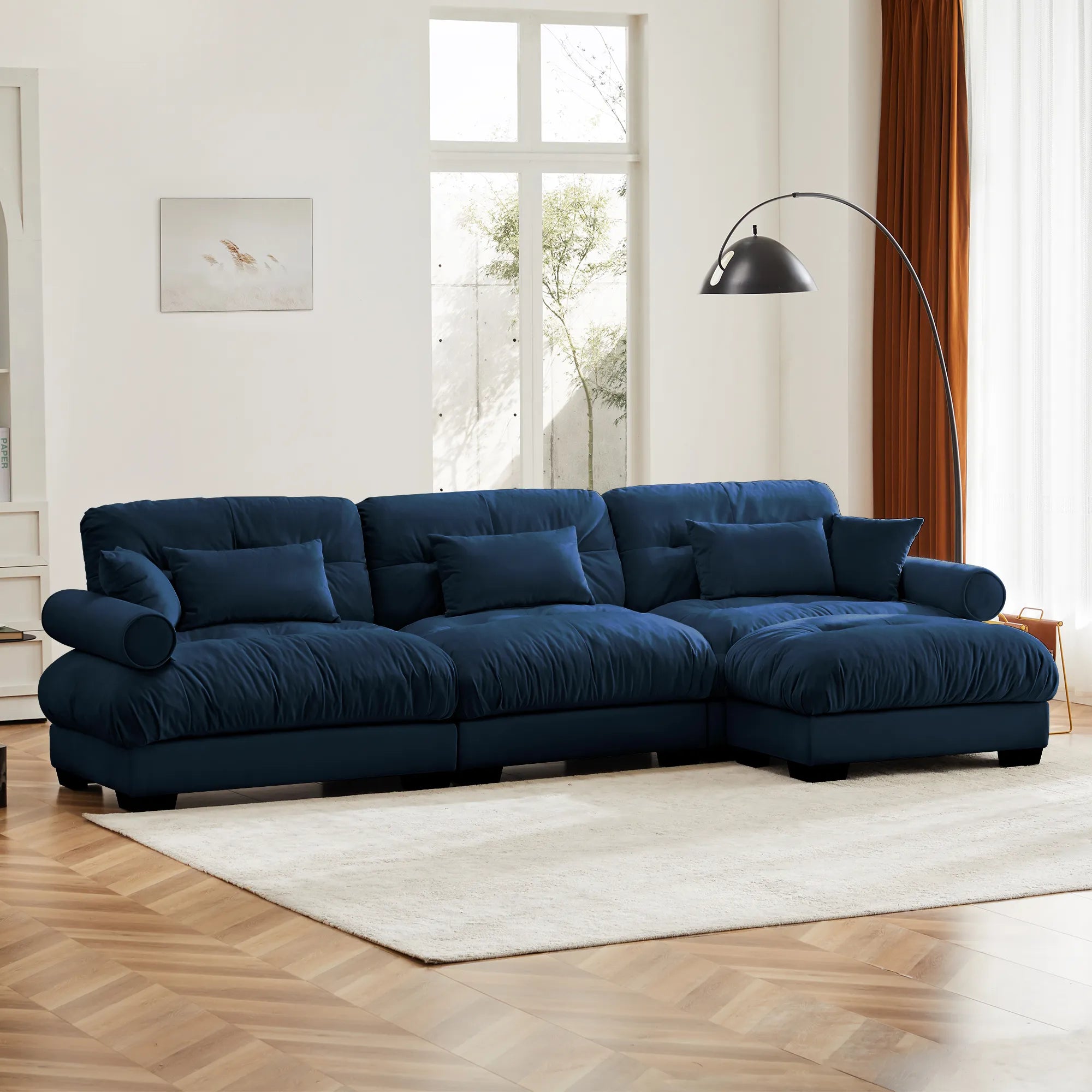 3 Seater Oversized Velvet Sectional Sofa with Movable Ottoman and Bolstered Armrests