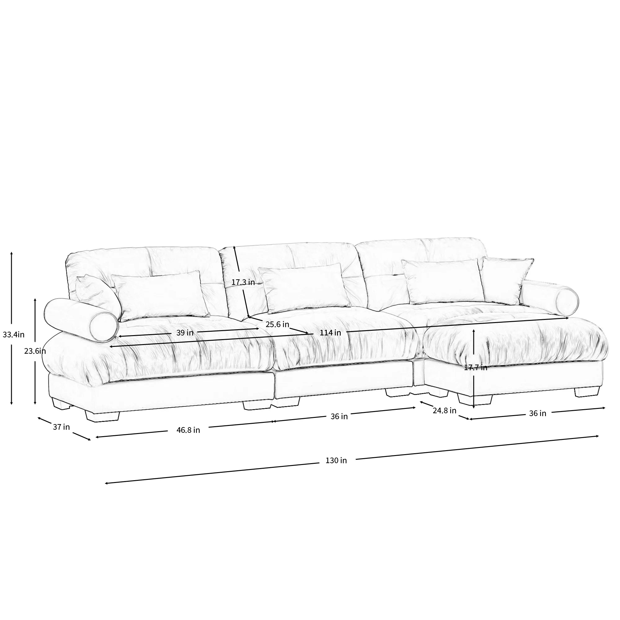 3 Seater Oversized Velvet Sectional Sofa with Movable Ottoman and Bolstered Armrests