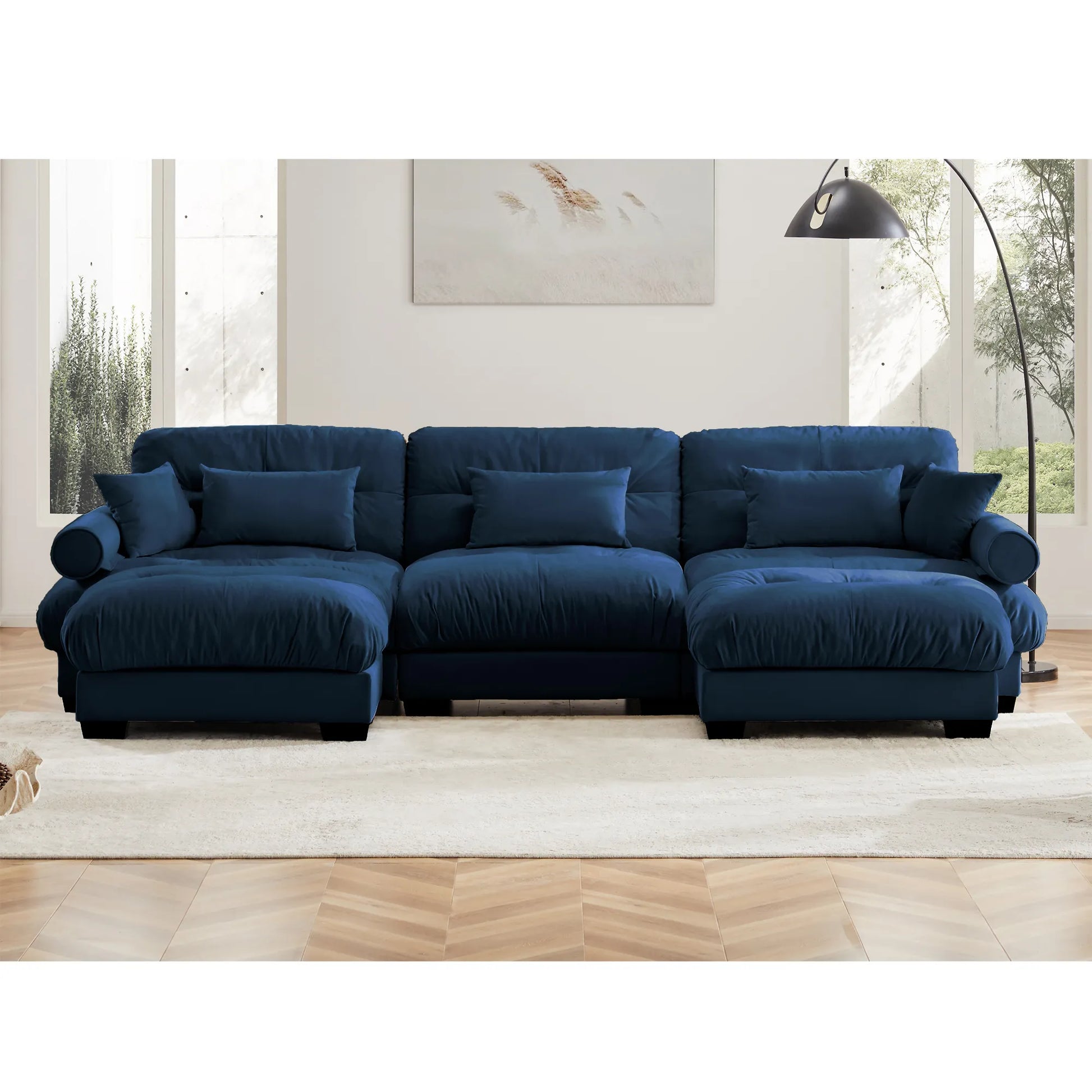 3 Seater Oversized Velvet Sectional Sofa with Movable Ottoman and Bolstered Armrests