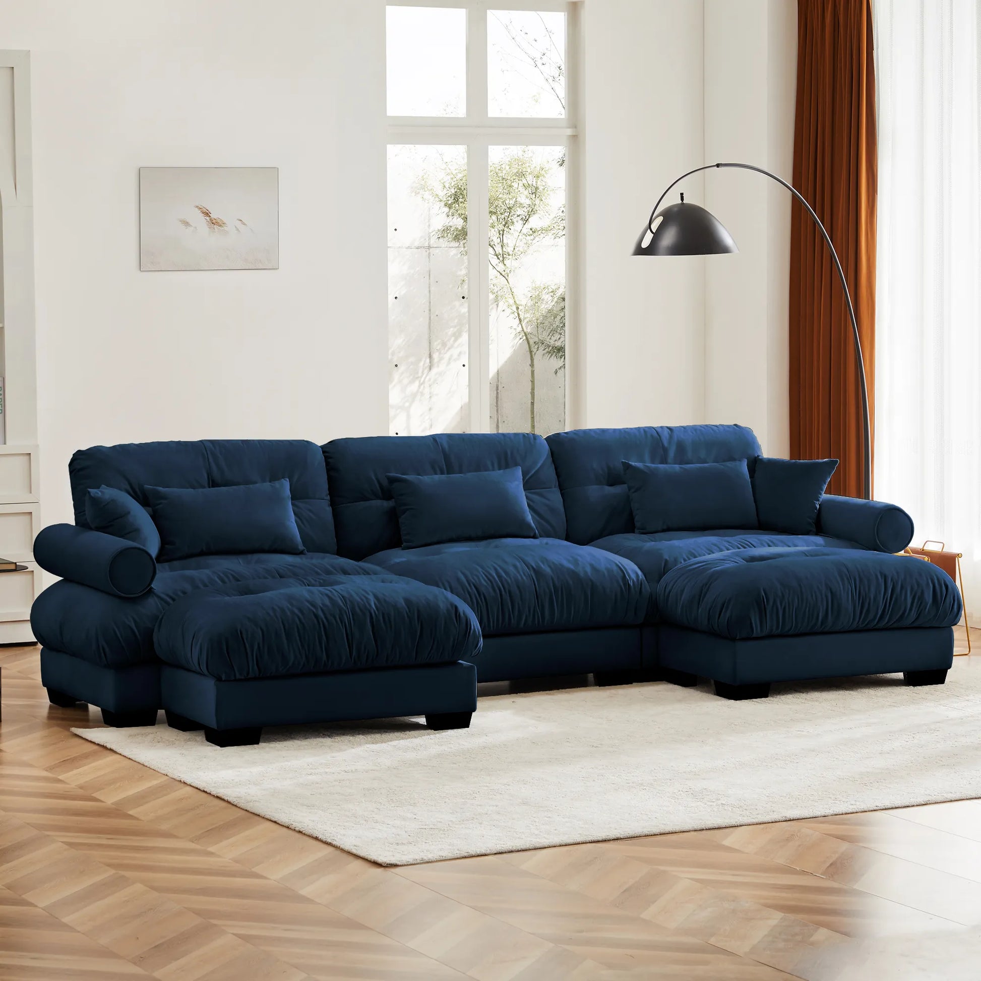 3 Seater Oversized Velvet Sectional Sofa with Movable Ottoman and Bolstered Armrests