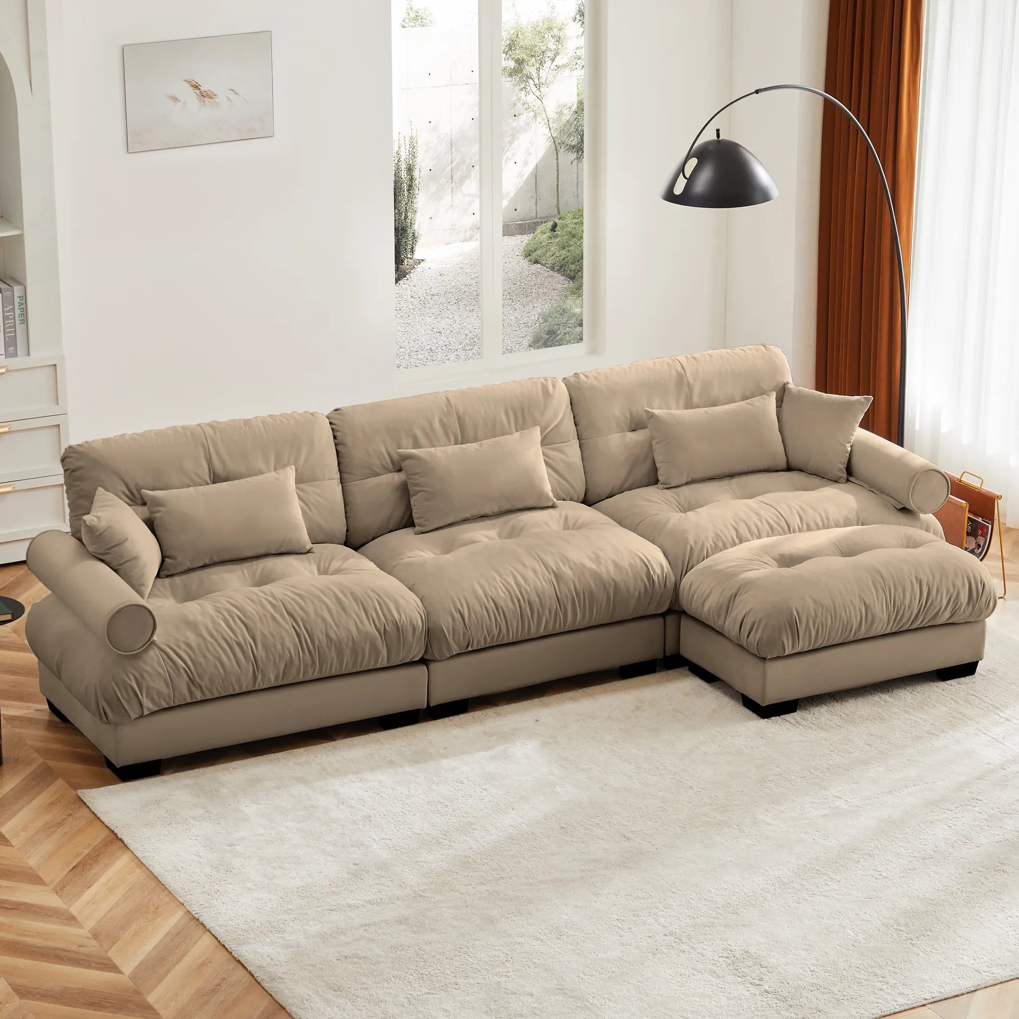 3 Seater Oversized Velvet Sectional Sofa with Movable Ottoman and Bolstered Armrests