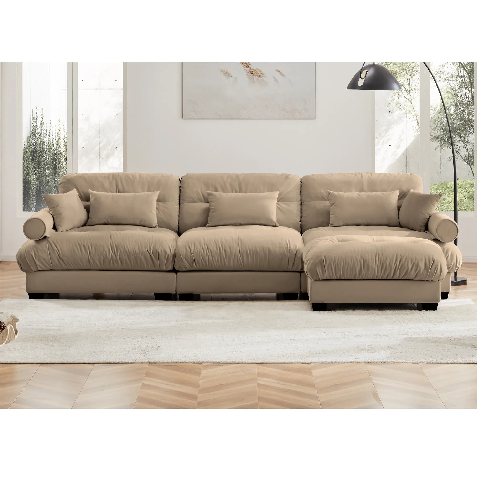 3 Seater Oversized Velvet Sectional Sofa with Movable Ottoman and Bolstered Armrests
