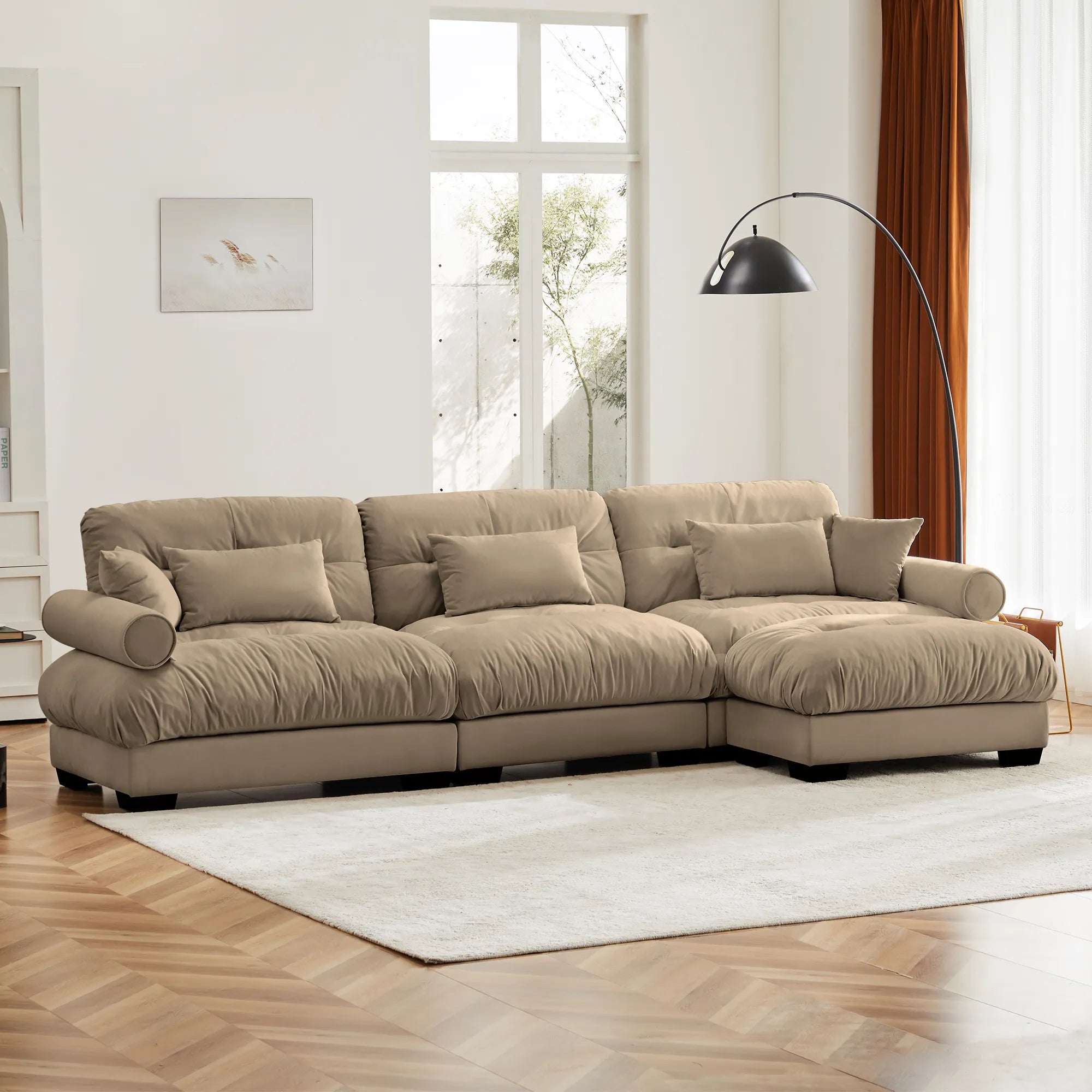 3 Seater Oversized Velvet Sectional Sofa with Movable Ottoman and Bolstered Armrests