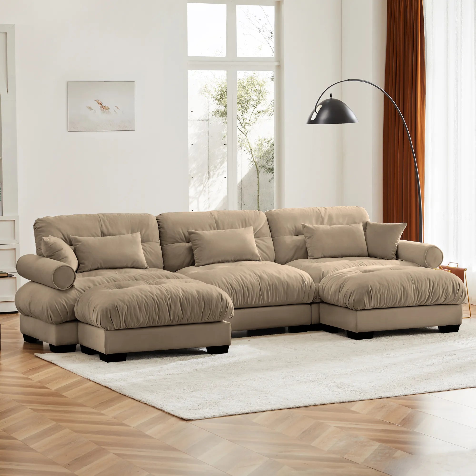 3 Seater Oversized Velvet Sectional Sofa with Movable Ottoman and Bolstered Armrests