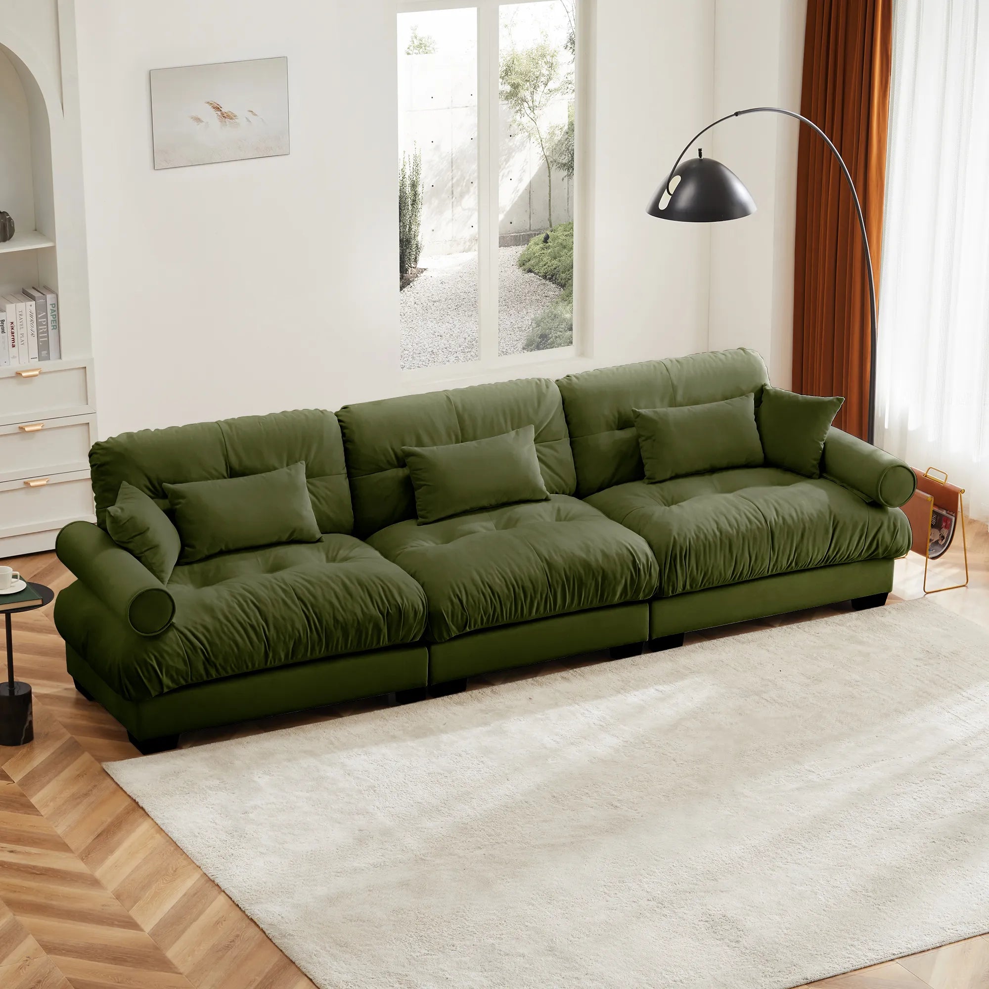 3 Seater Oversized Velvet Sectional Sofa with Movable Ottoman and Bolstered Armrests