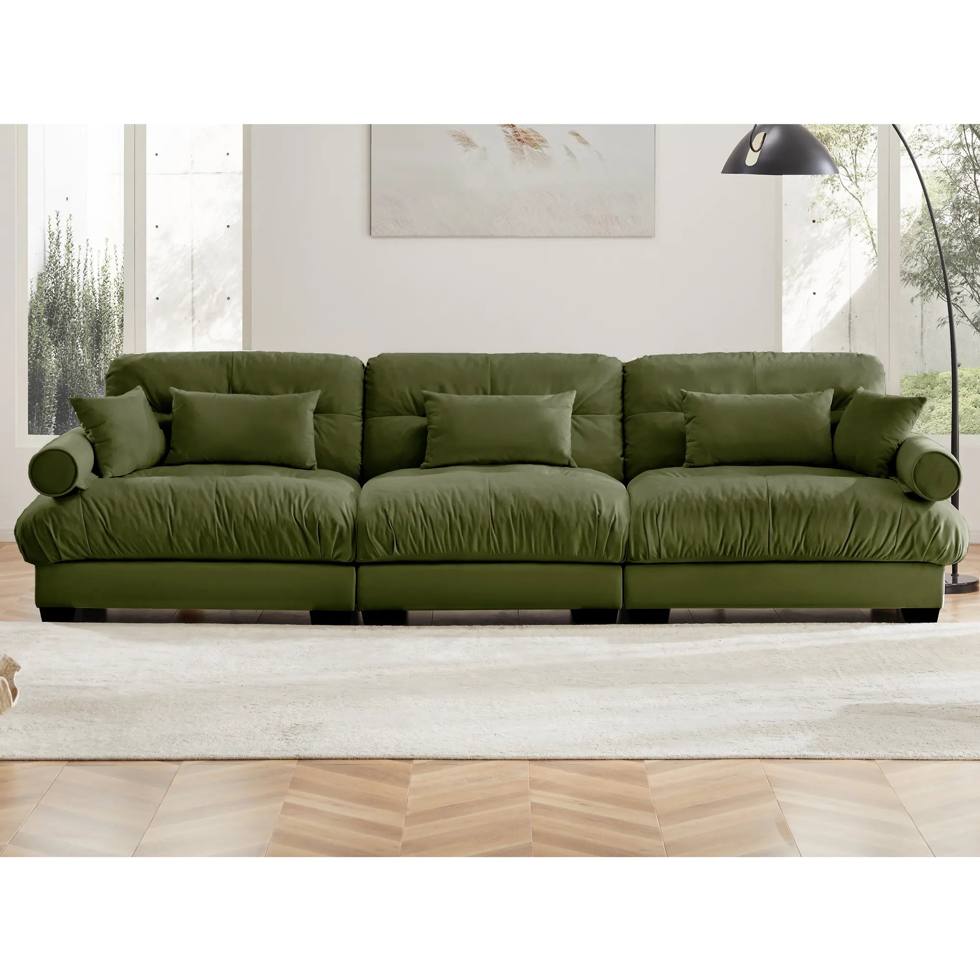 3 Seater Oversized Velvet Sectional Sofa with Movable Ottoman and Bolstered Armrests