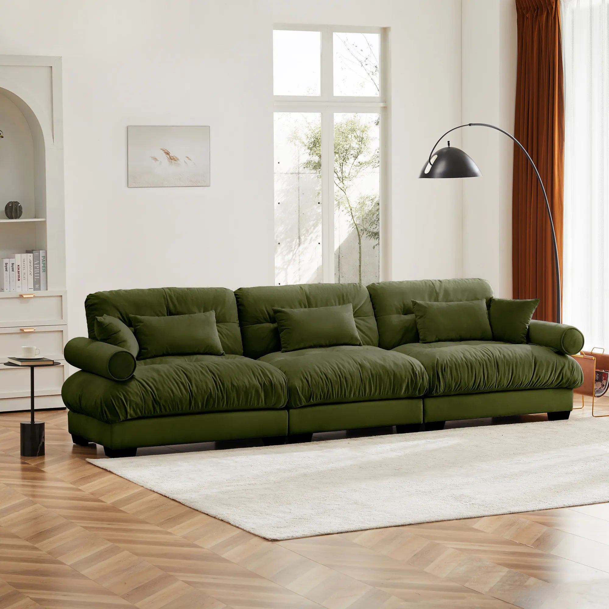 3 Seater Oversized Velvet Sectional Sofa with Movable Ottoman and Bolstered Armrests