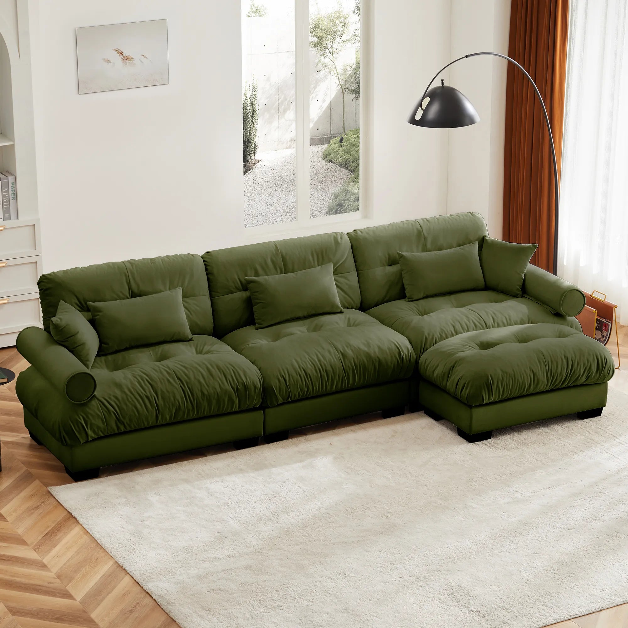 3 Seater Oversized Velvet Sectional Sofa with Movable Ottoman and Bolstered Armrests