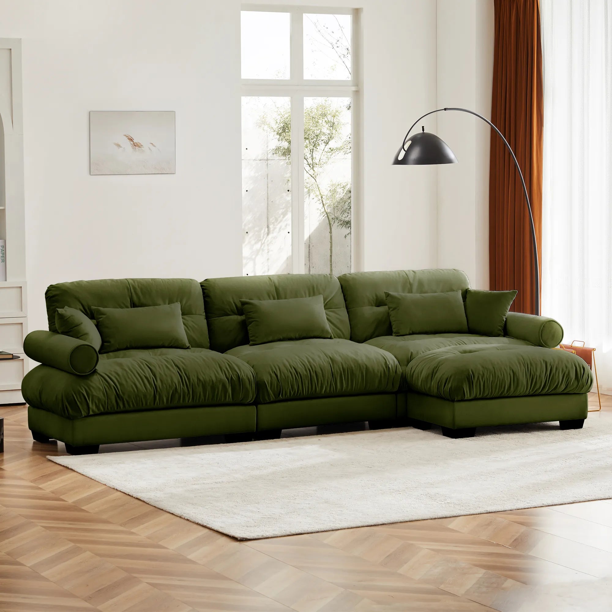 3 Seater Oversized Velvet Sectional Sofa with Movable Ottoman and Bolstered Armrests
