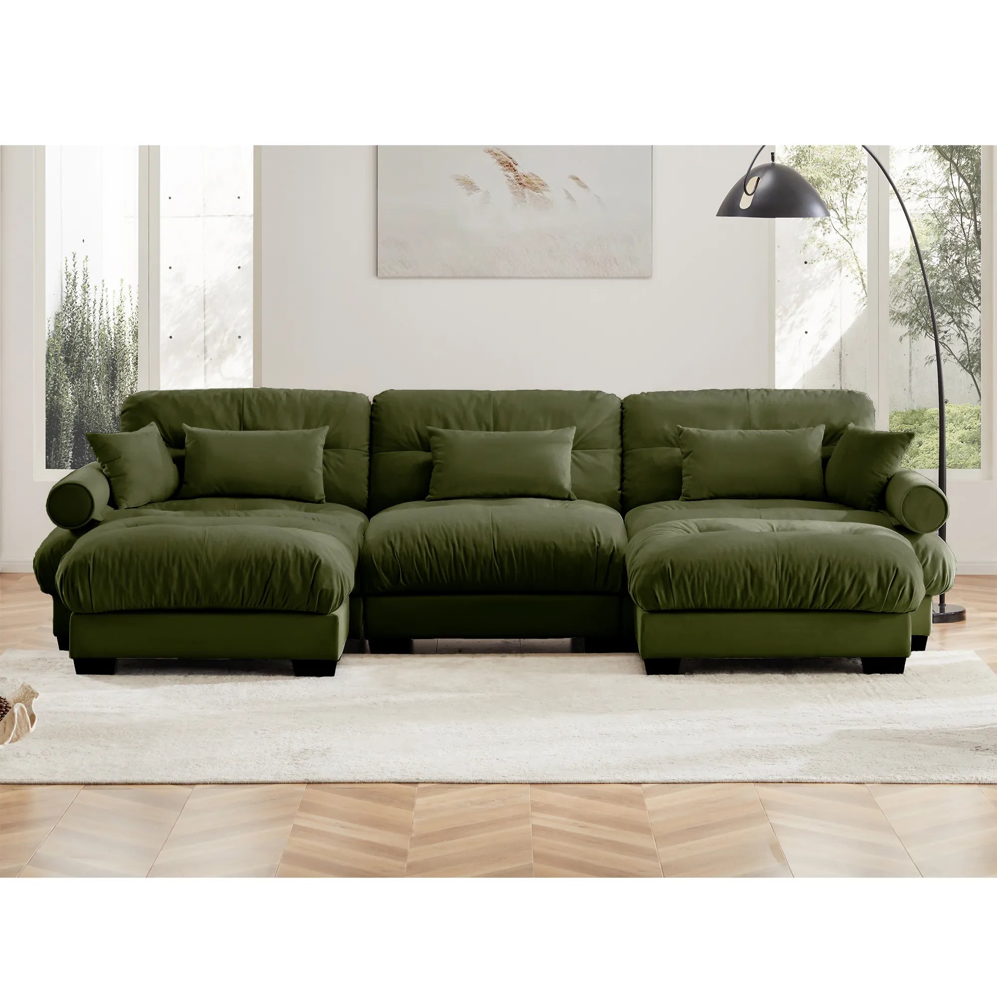 3 Seater Oversized Velvet Sectional Sofa with Movable Ottoman and Bolstered Armrests